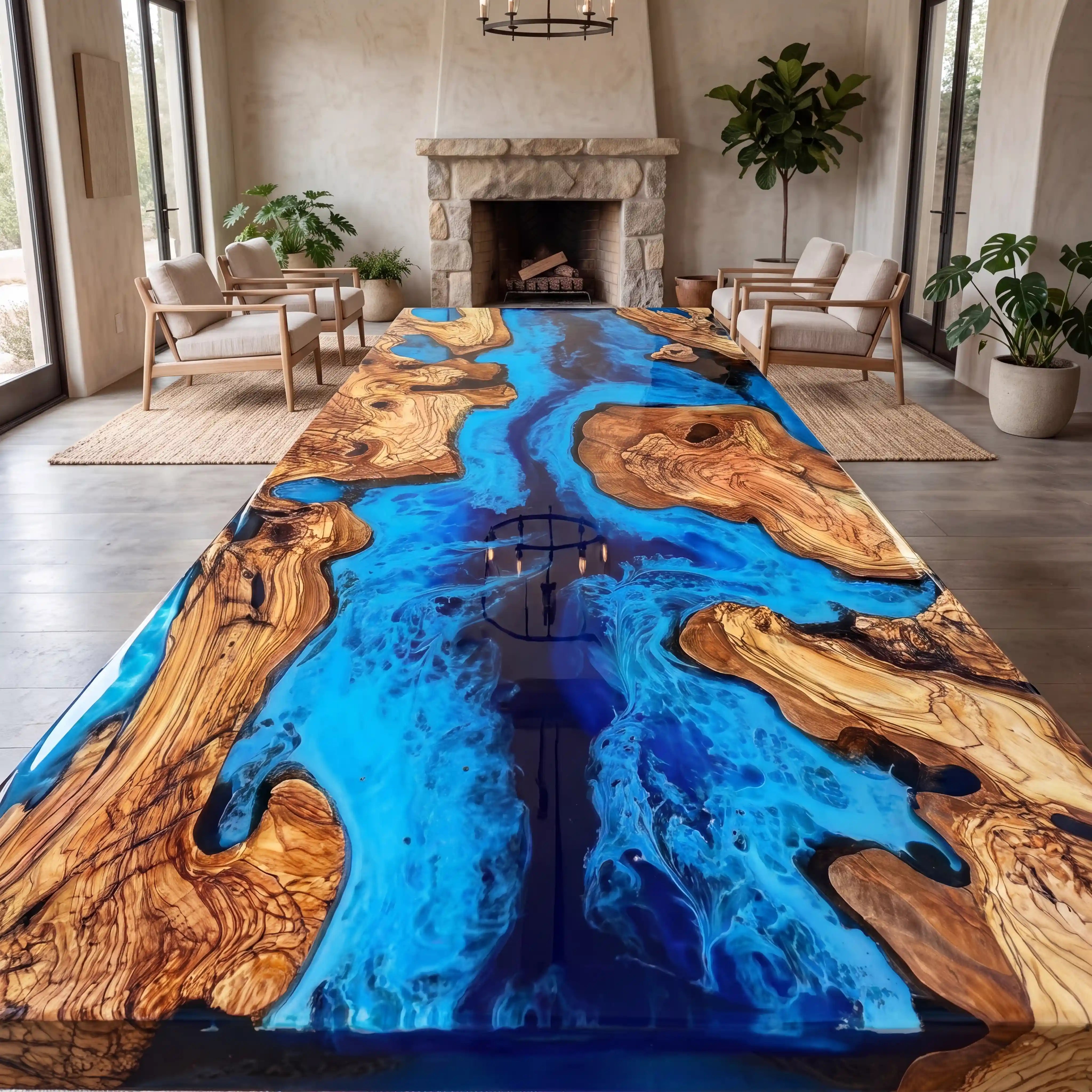 Custom Olive Epoxy Resin River Table Blue Waves ERT-38