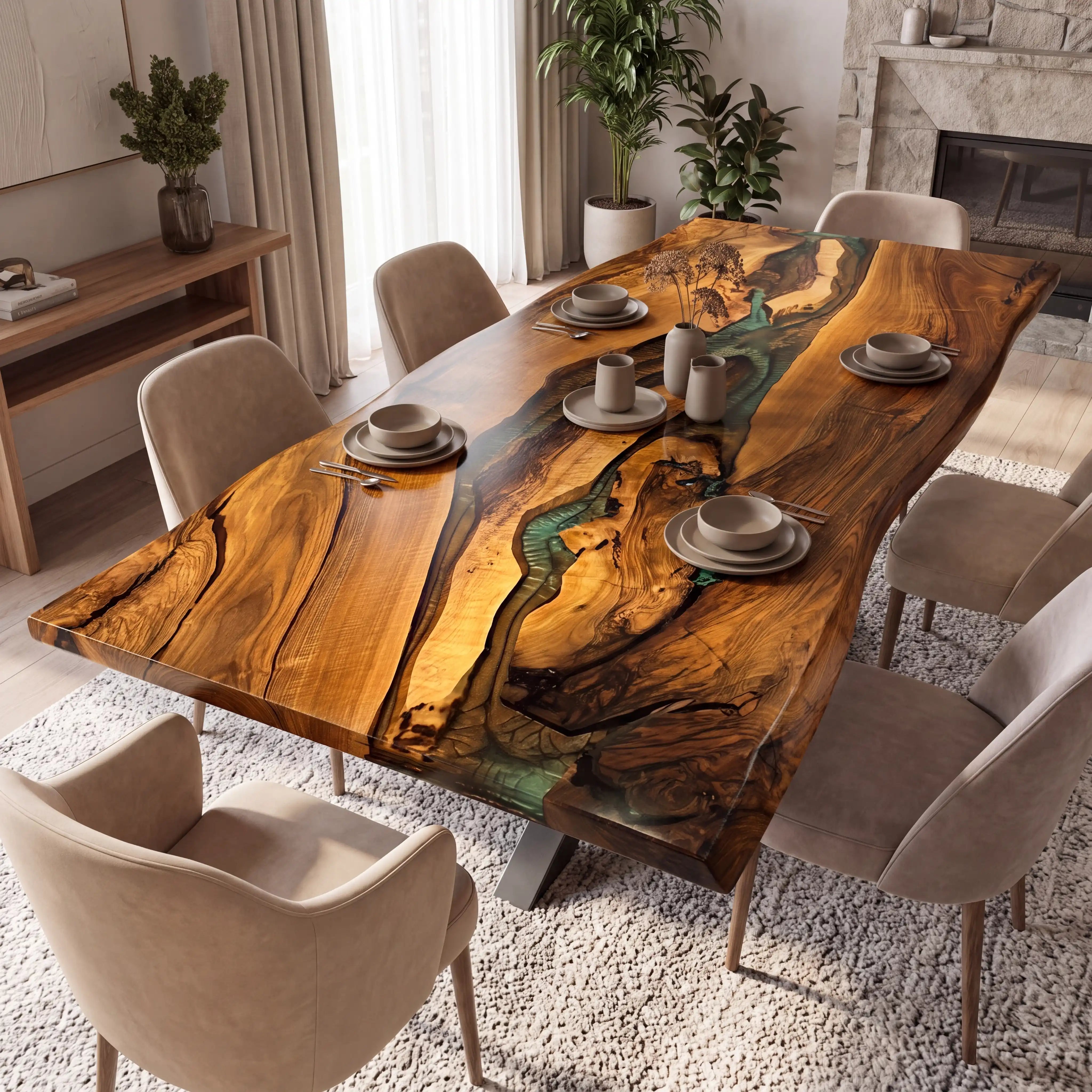Custom Walnut Epoxy Resin River Table Green Resin QTR-84
