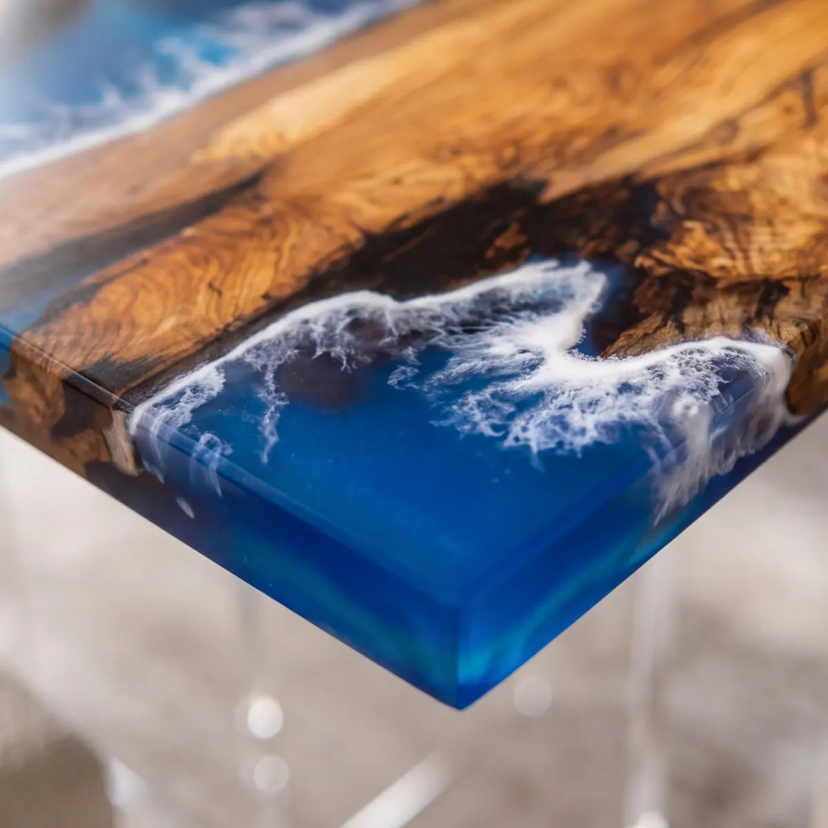 72 x 40 x 1.96 inch Olive Wood Blue & White Seawave resin Rectangular dining table photo 3