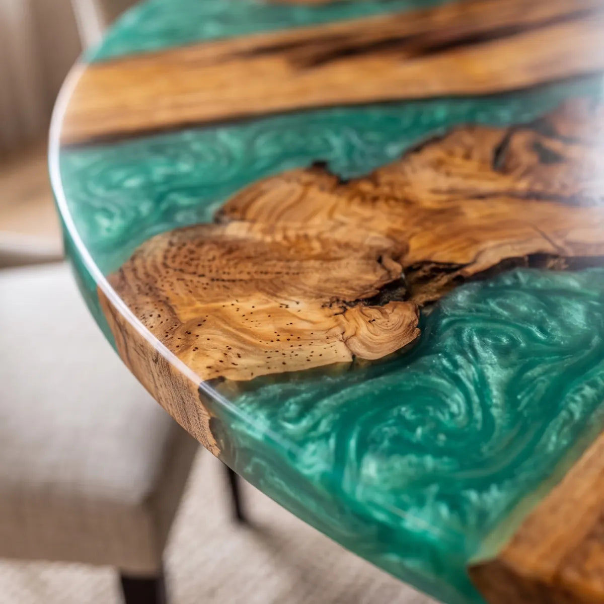 60 x 60 x 2.16 inch Olive Wood Green Swirl resin Round dining table photo 3