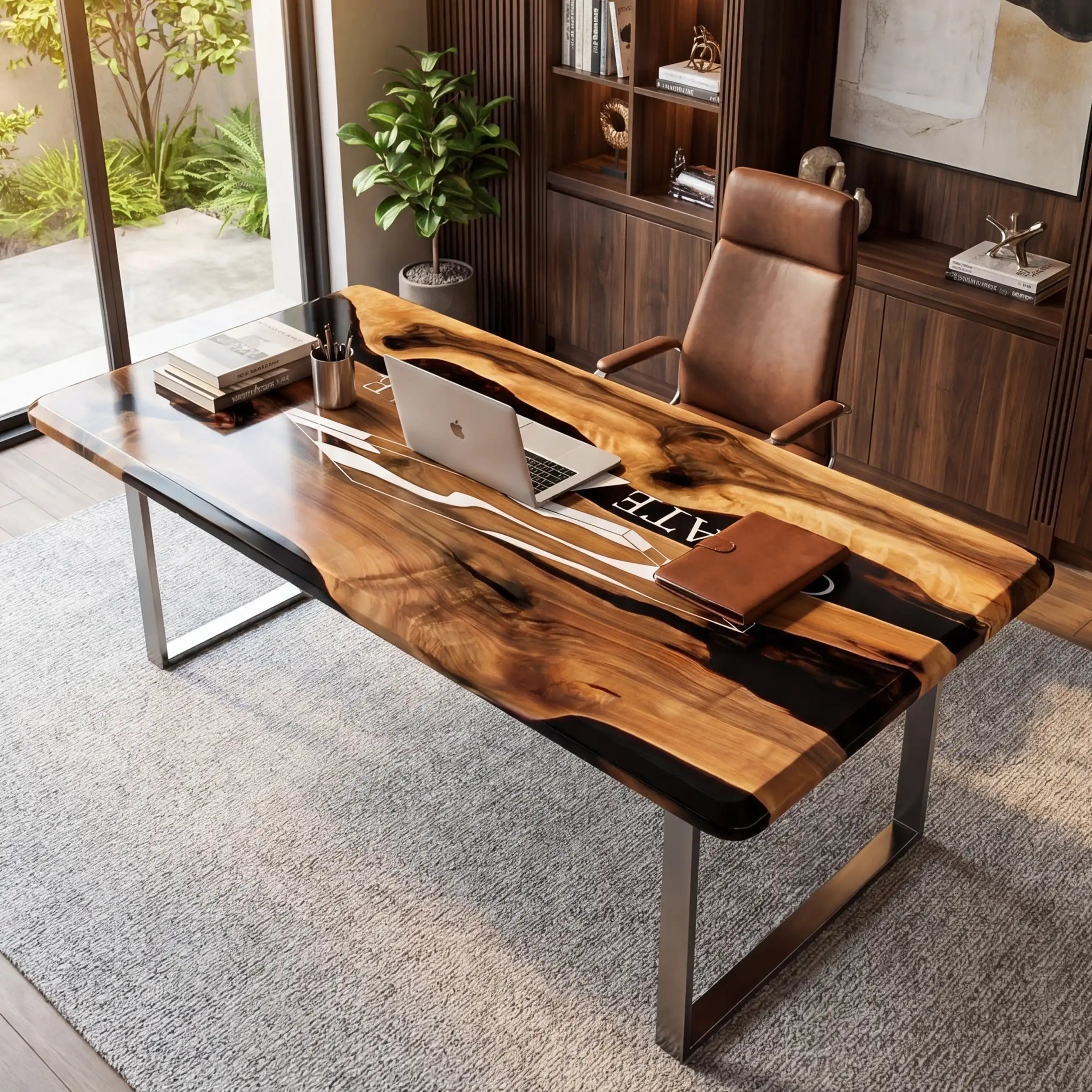 Custom Olive Wood and Black Resin “Executive Signature” Series Desk (With White Resin Inlay Logo) RD-42