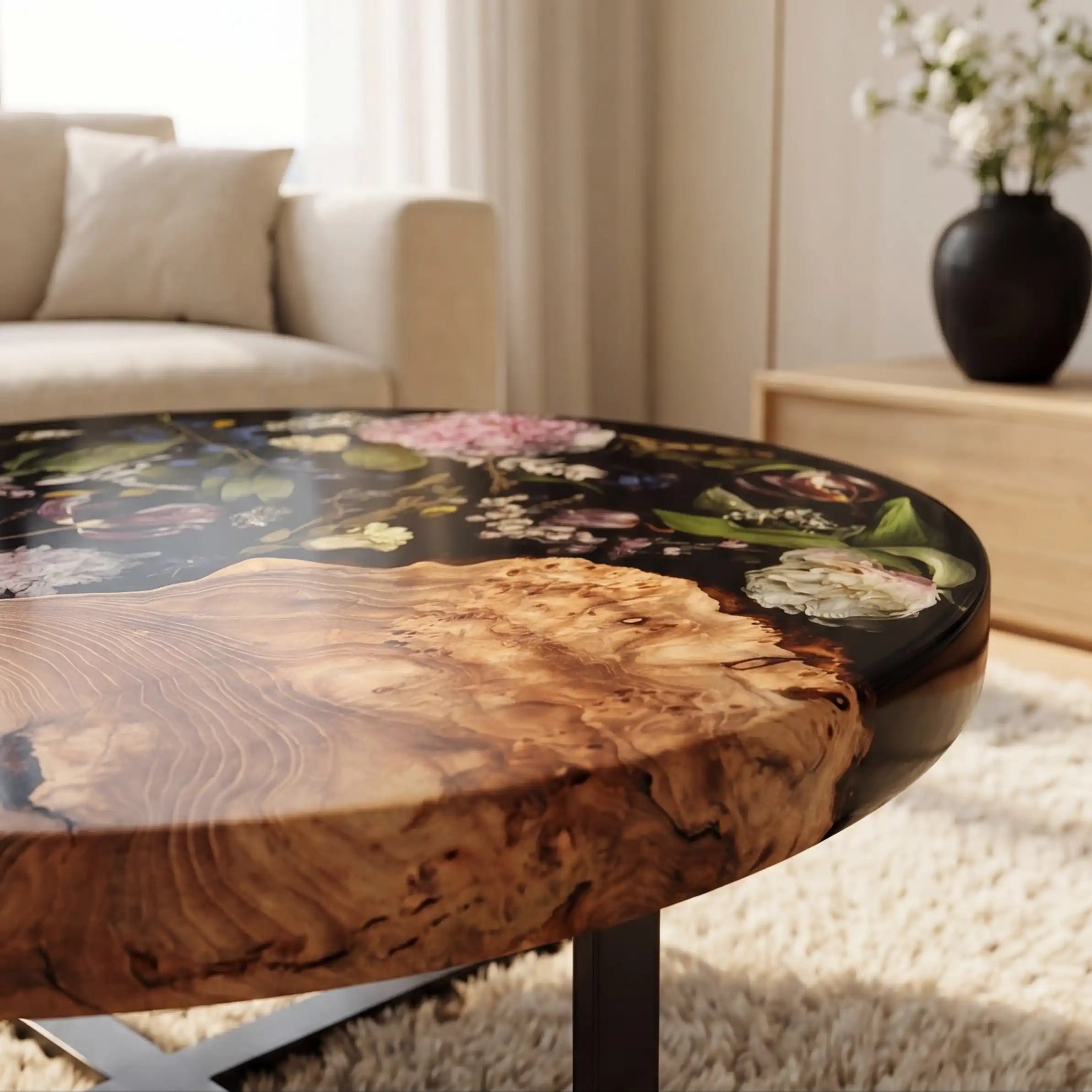 Olive Wood & Botanical Midnight Floral Resin Round Coffee Table ORT23