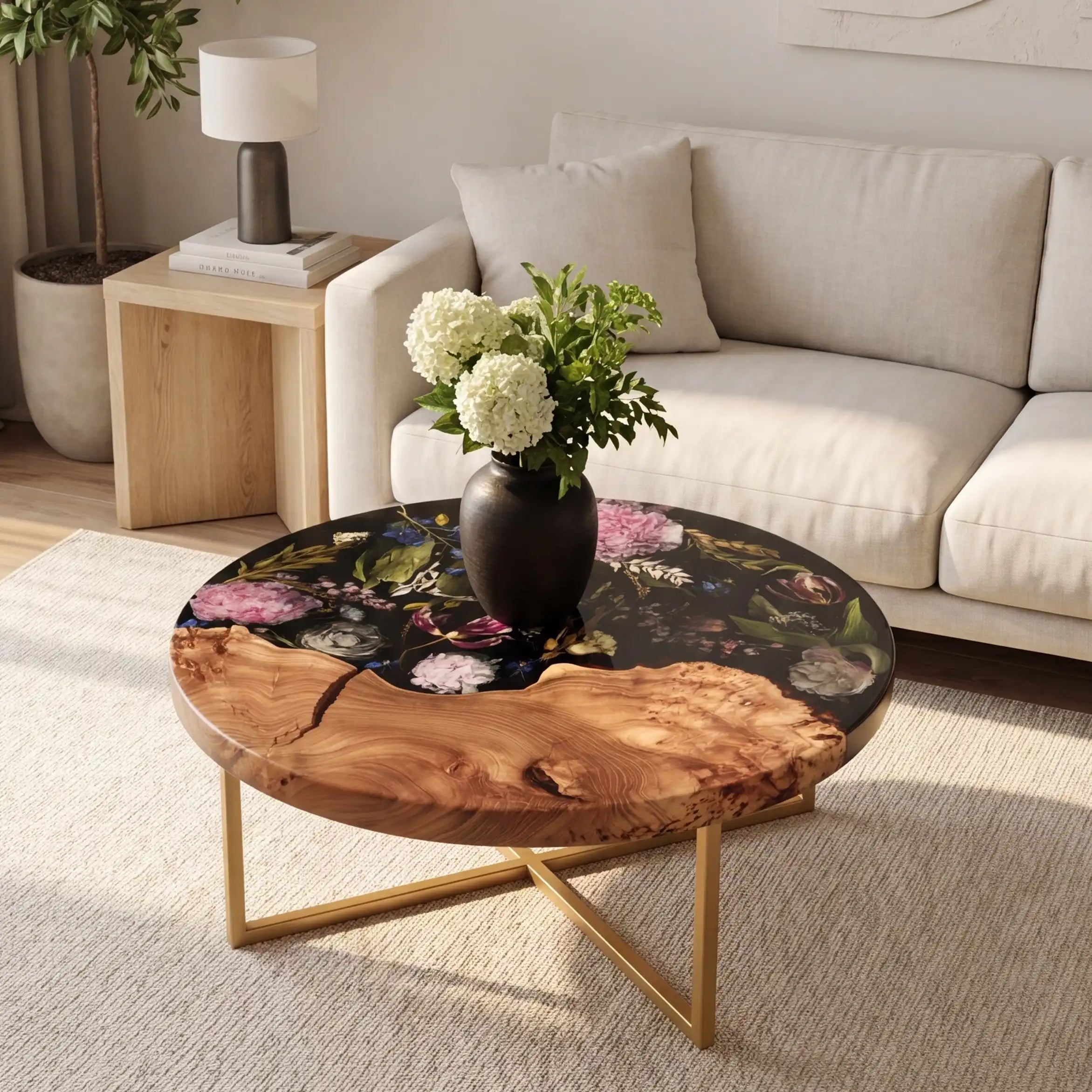 Olive Wood & Botanical Midnight Floral Resin Round Coffee Table ORT23