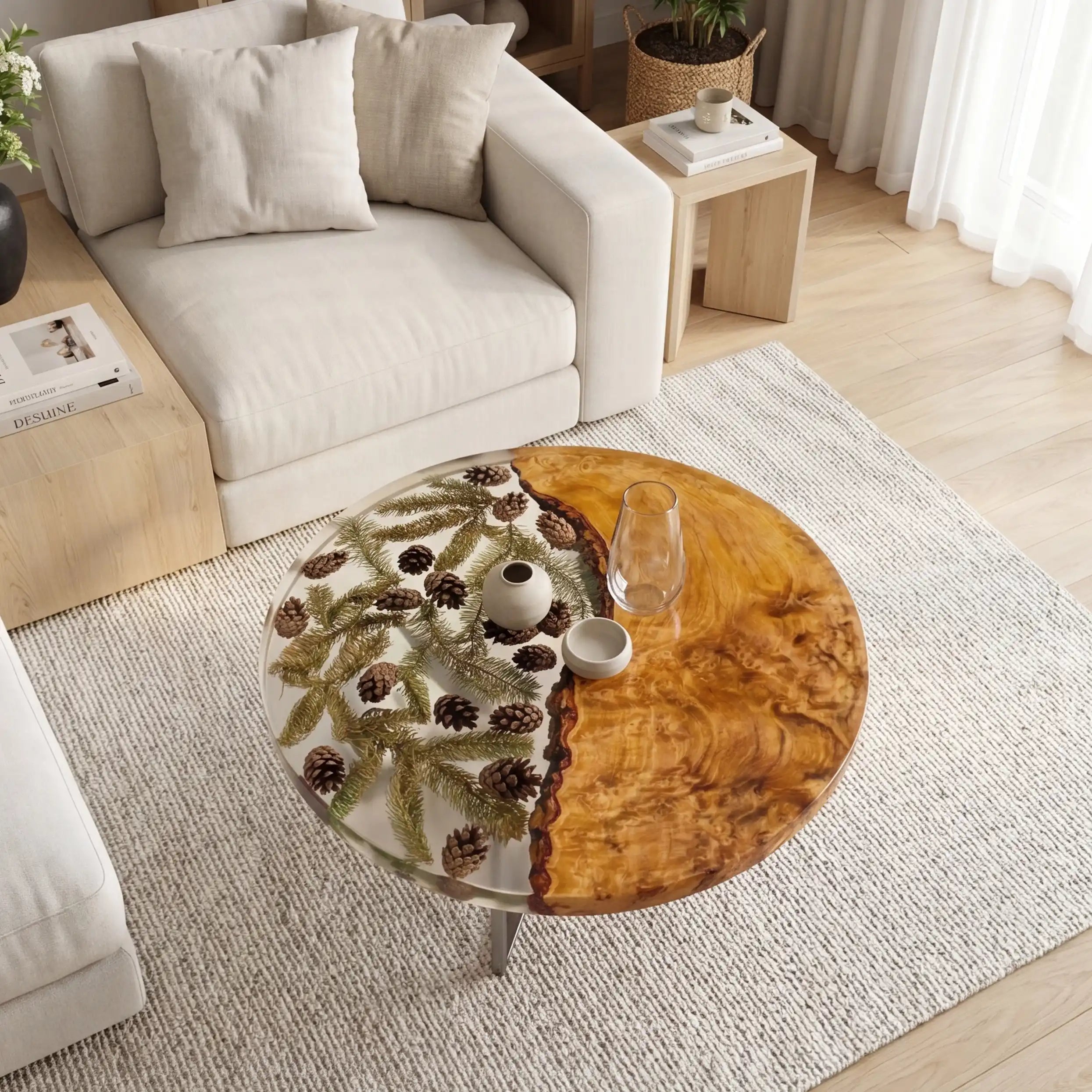 Olive Wood & Clear Pinecone Resin Round Coffee Table ORT30