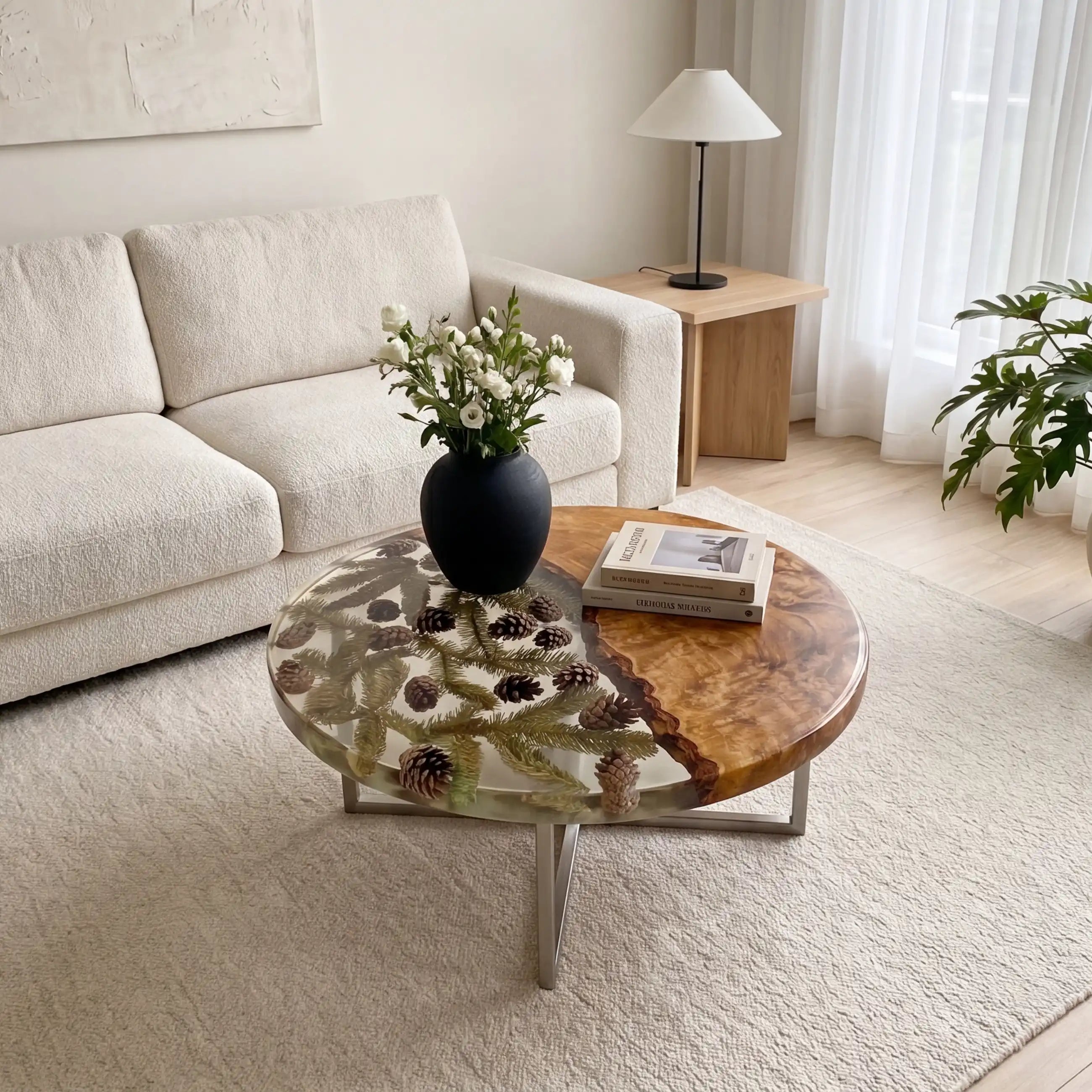 Olive Wood & Clear Pinecone Resin Round Coffee Table ORT30