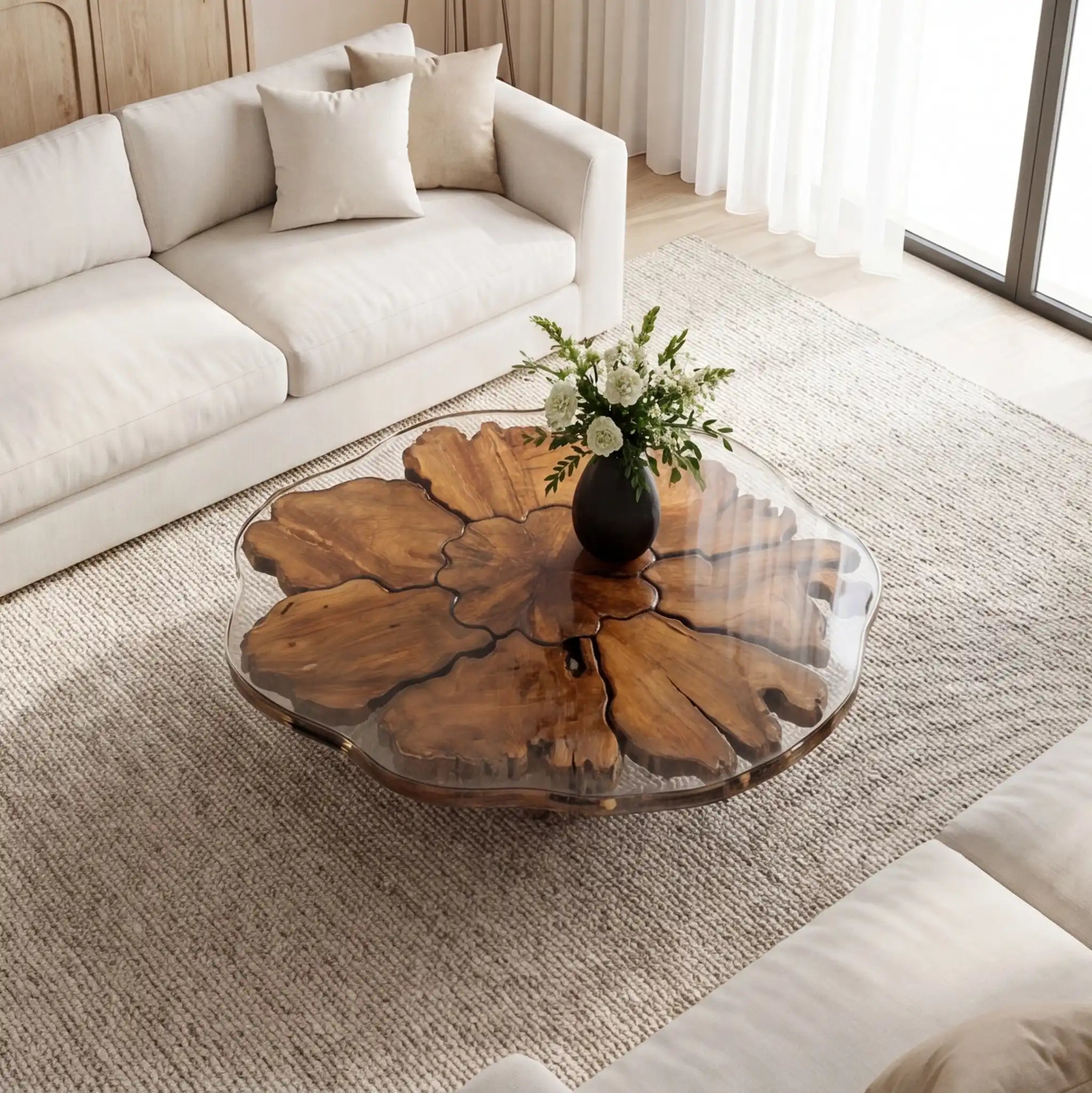 Olive Wood & Clear Resin Round Coffee Table ORT29