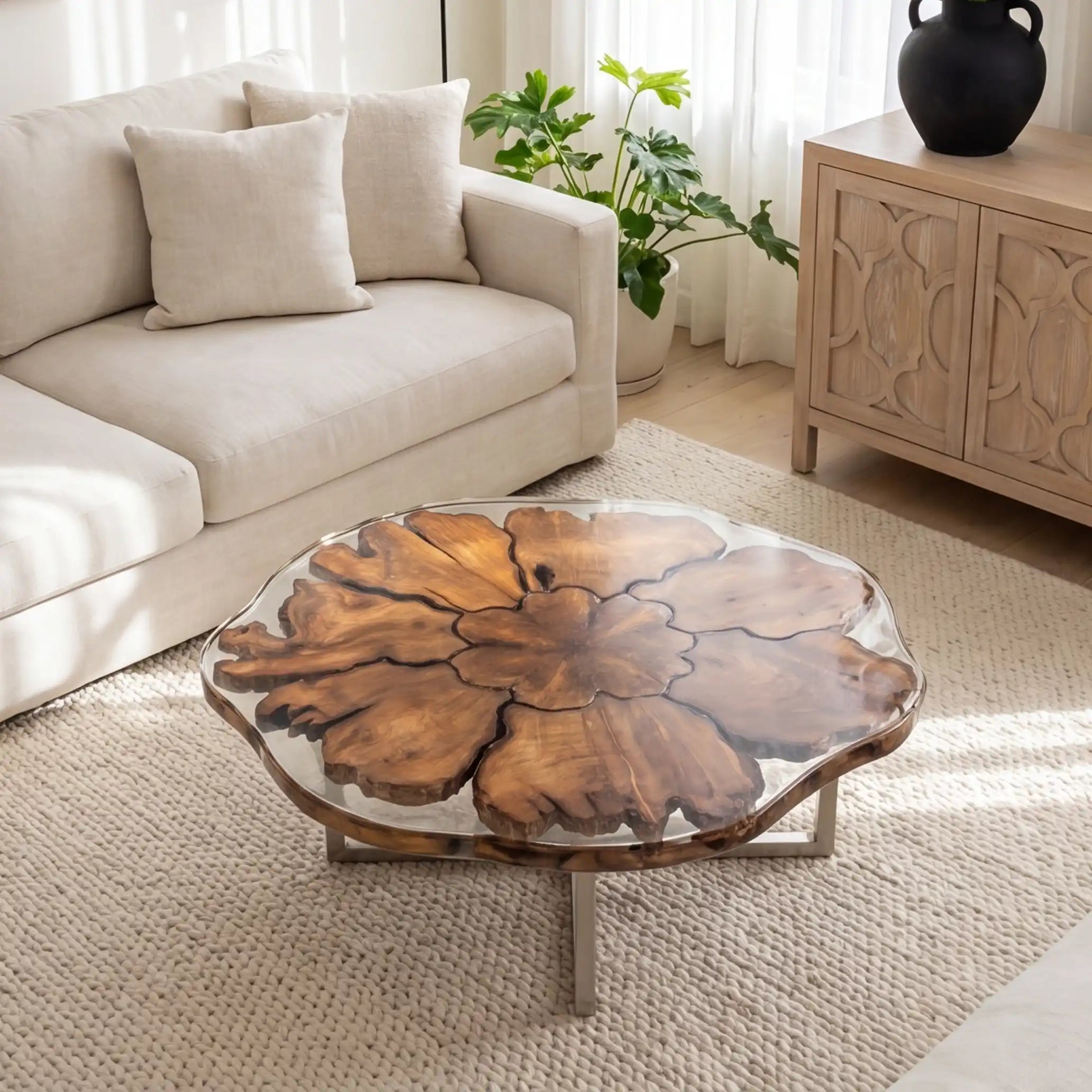 Olive Wood & Clear Resin Round Coffee Table ORT29