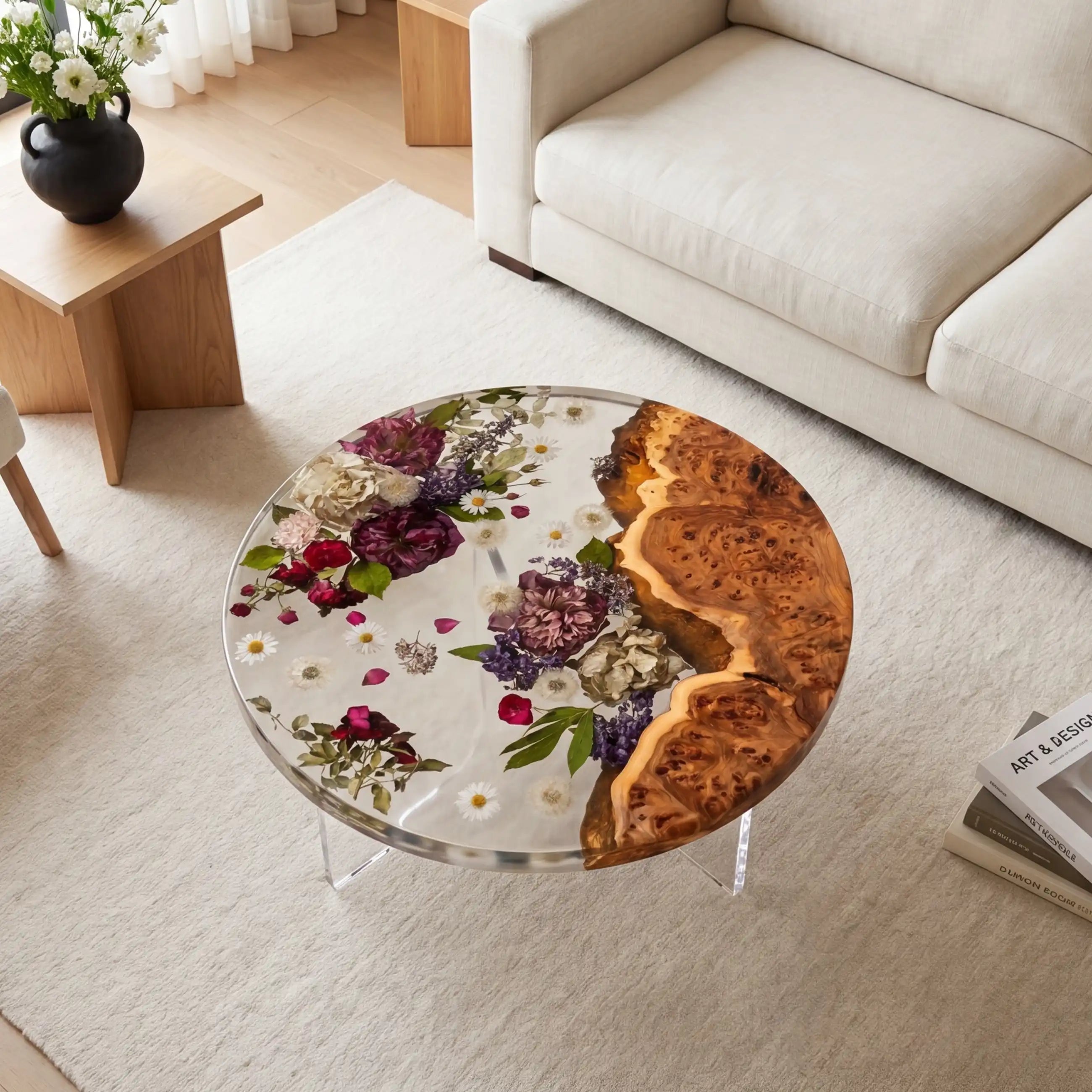 Olive Wood & Floral Clear Resin Round Coffee Table ORT34