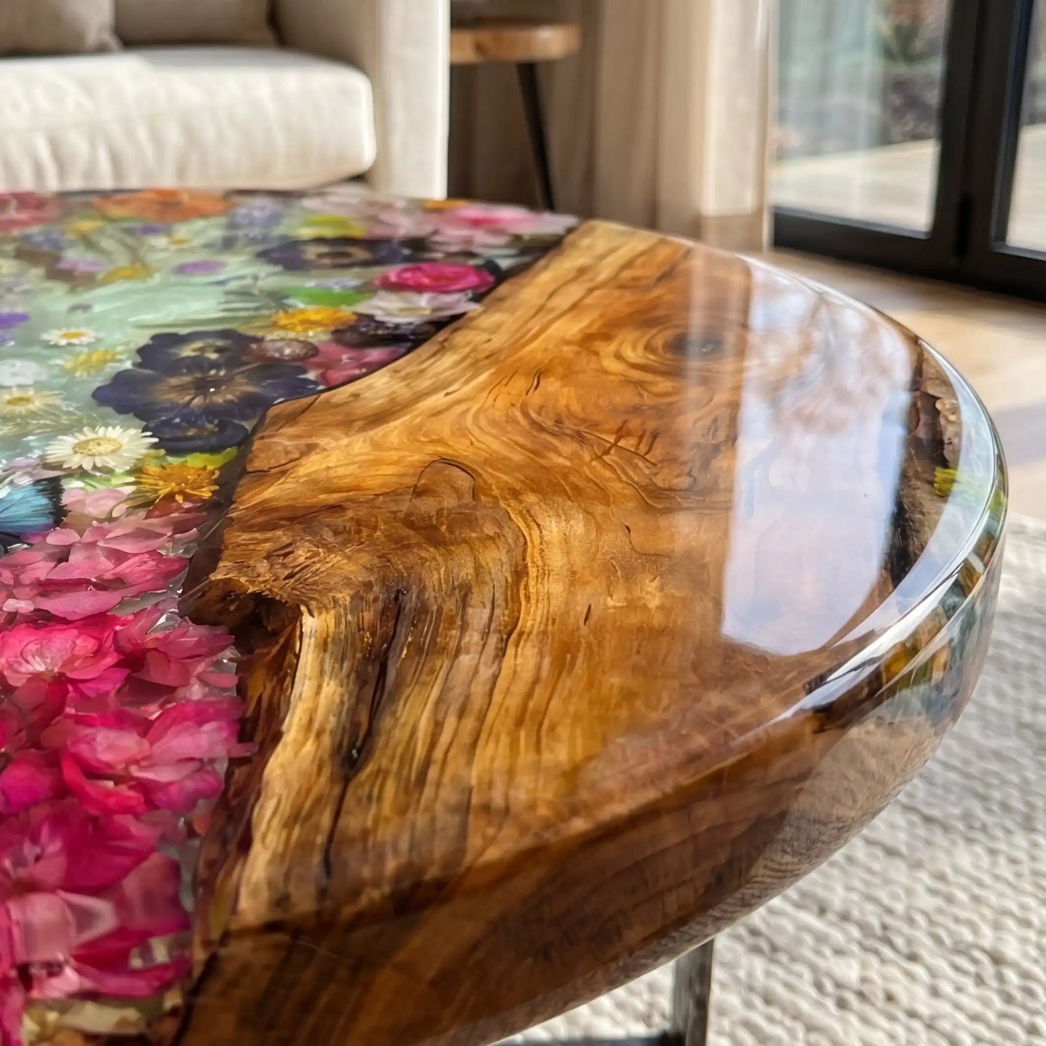 Olive Wood & Floral Clear Resin Round Coffee Table ORT36