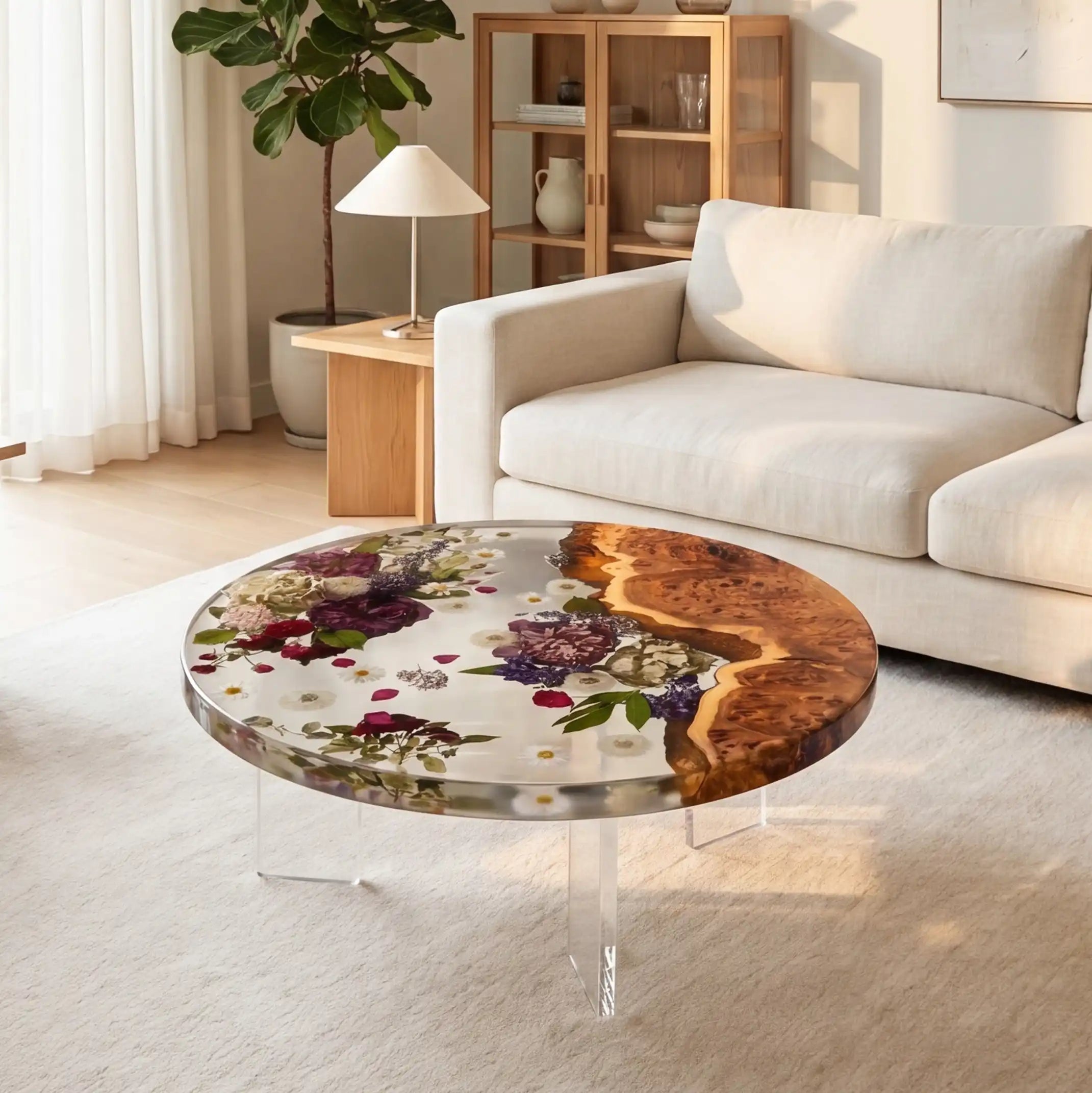 Olive Wood & Floral Clear Resin Round Coffee Table ORT34