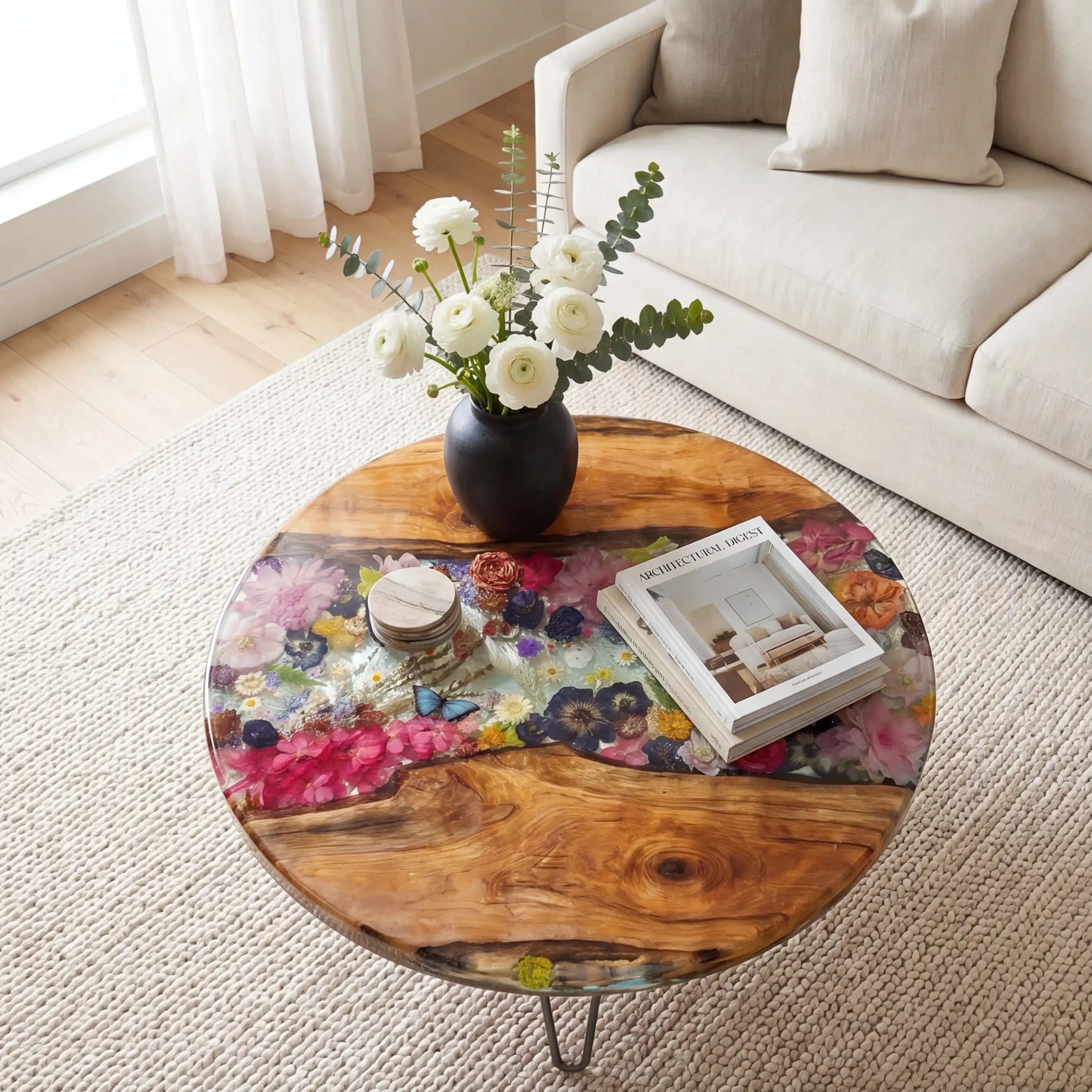 Olive Wood & Floral Clear Resin Round Coffee Table ORT36