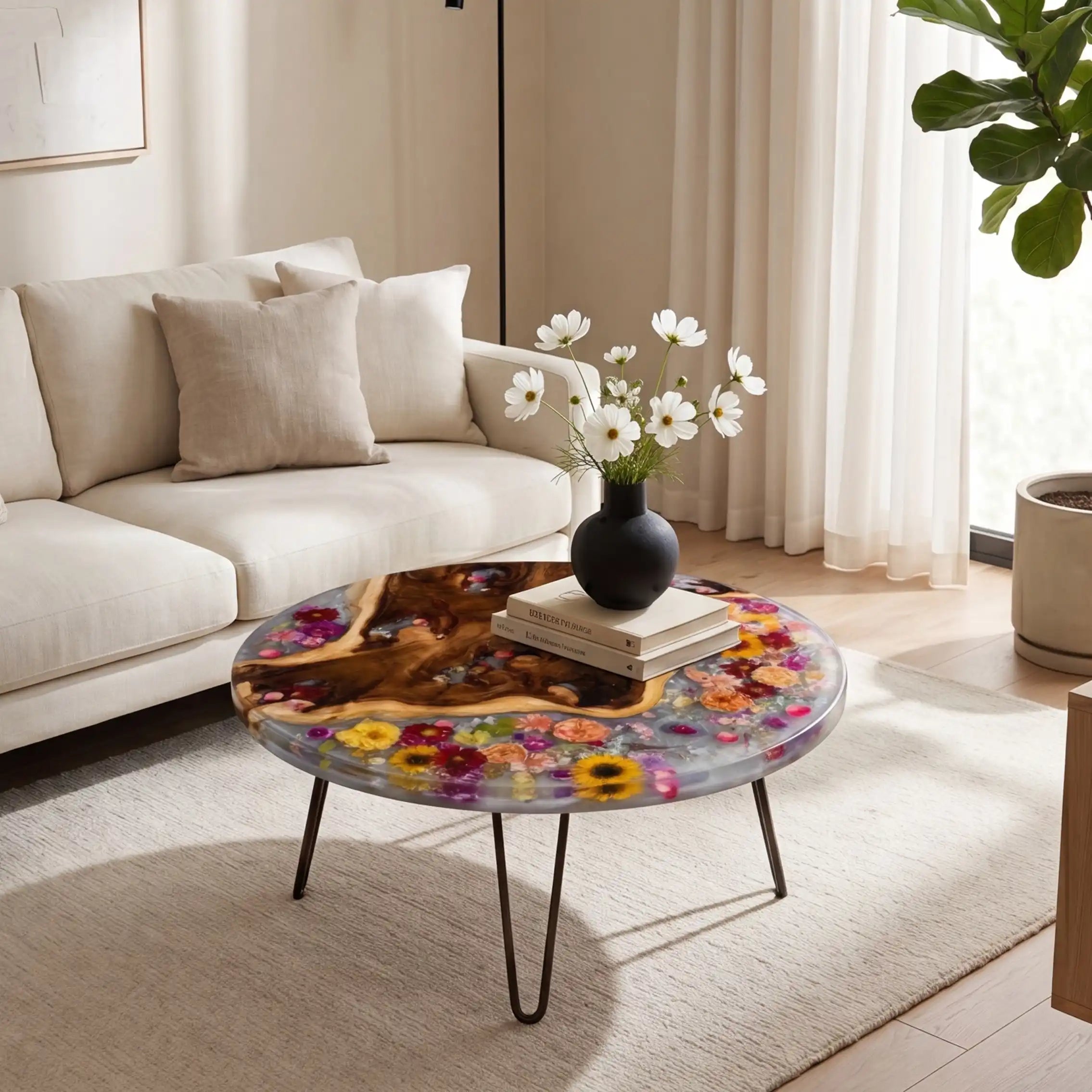 Olive Wood & Floral Clear Resin Round Coffee Table ORT39