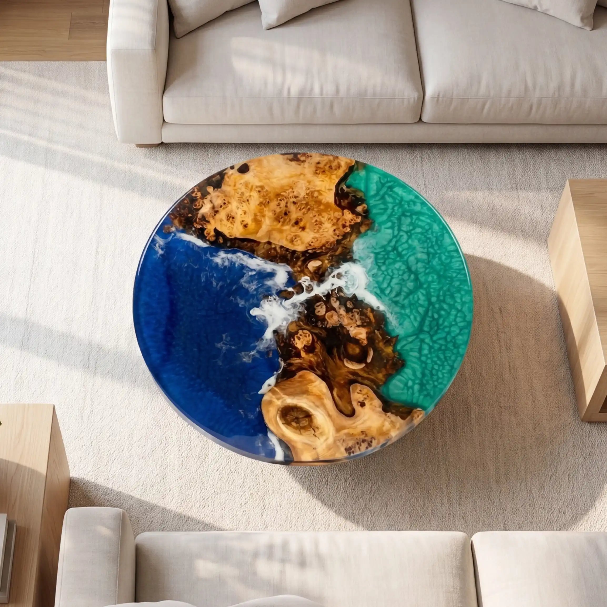 Olive Wood & Ocean Wave Resin Round Coffee Table OOR5