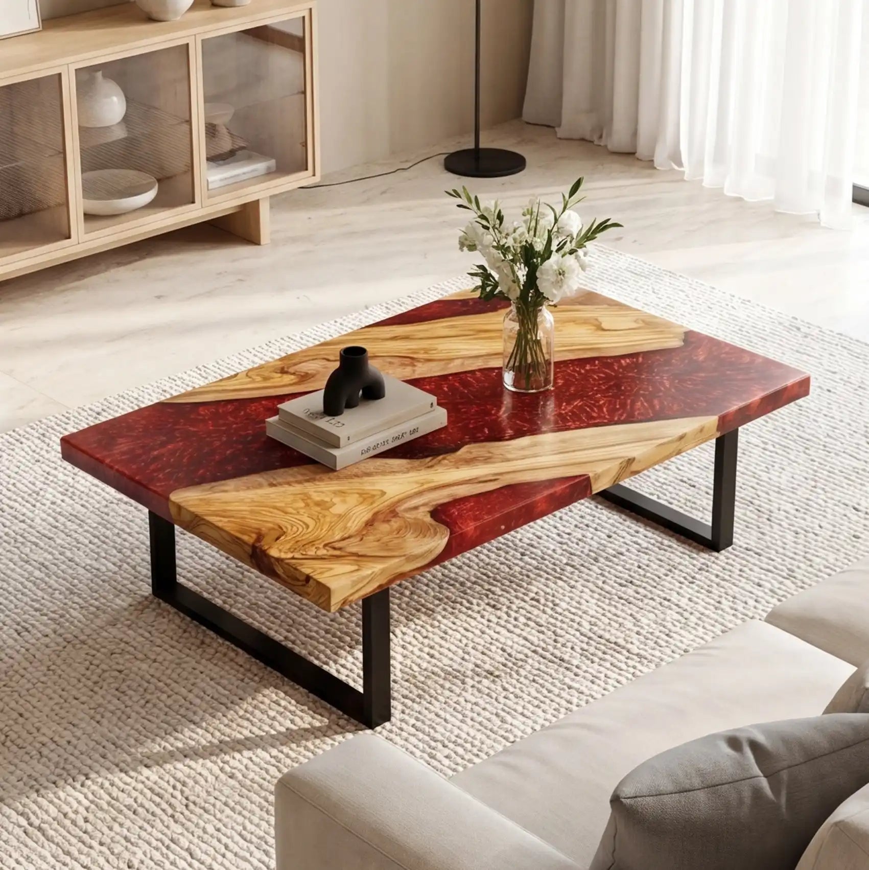 Olive Wood & Ruby Red Resin Coffee Table OCT22