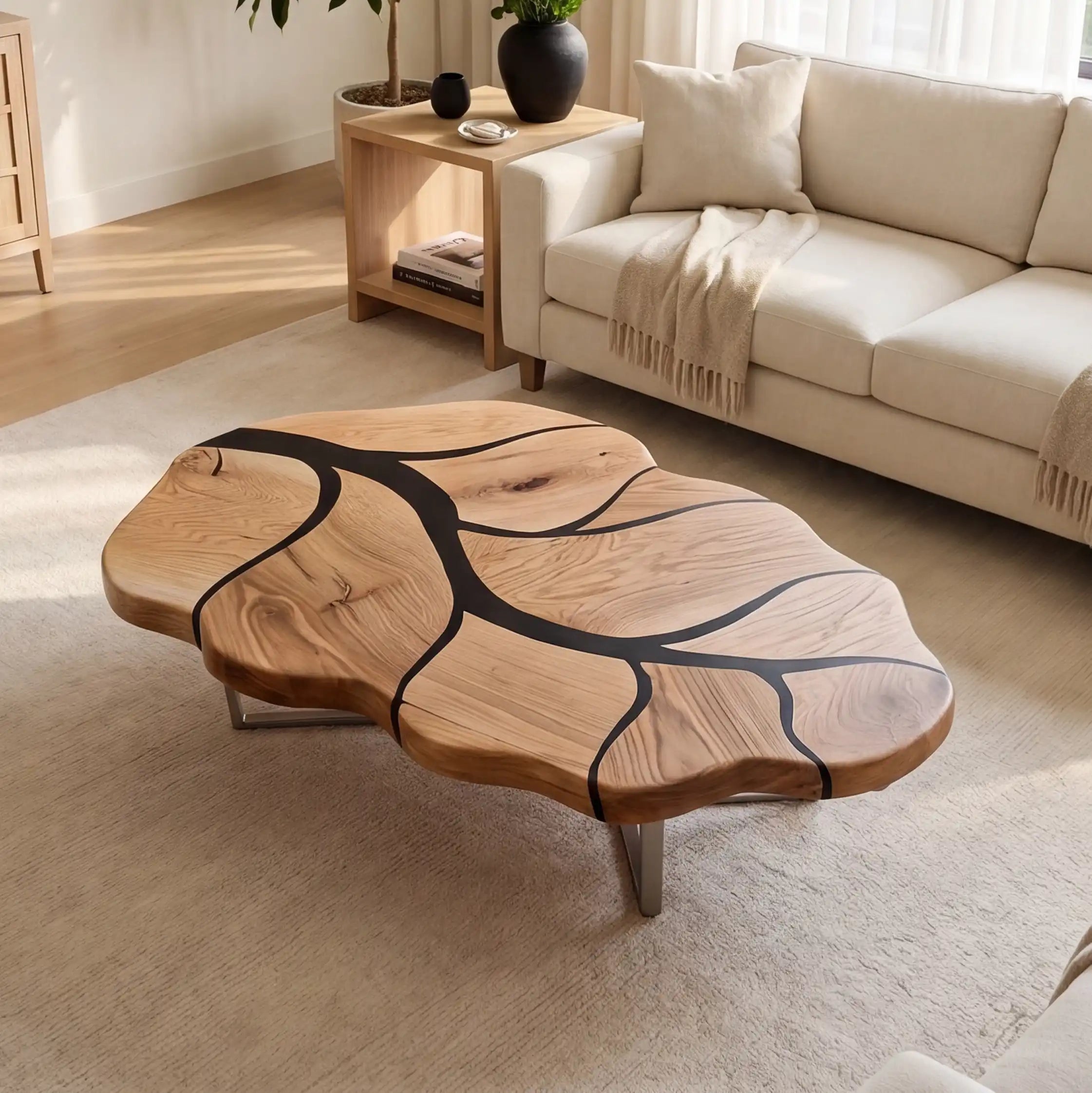 Poplar Wood & Black Resin Leaf Coffee Table PRT12