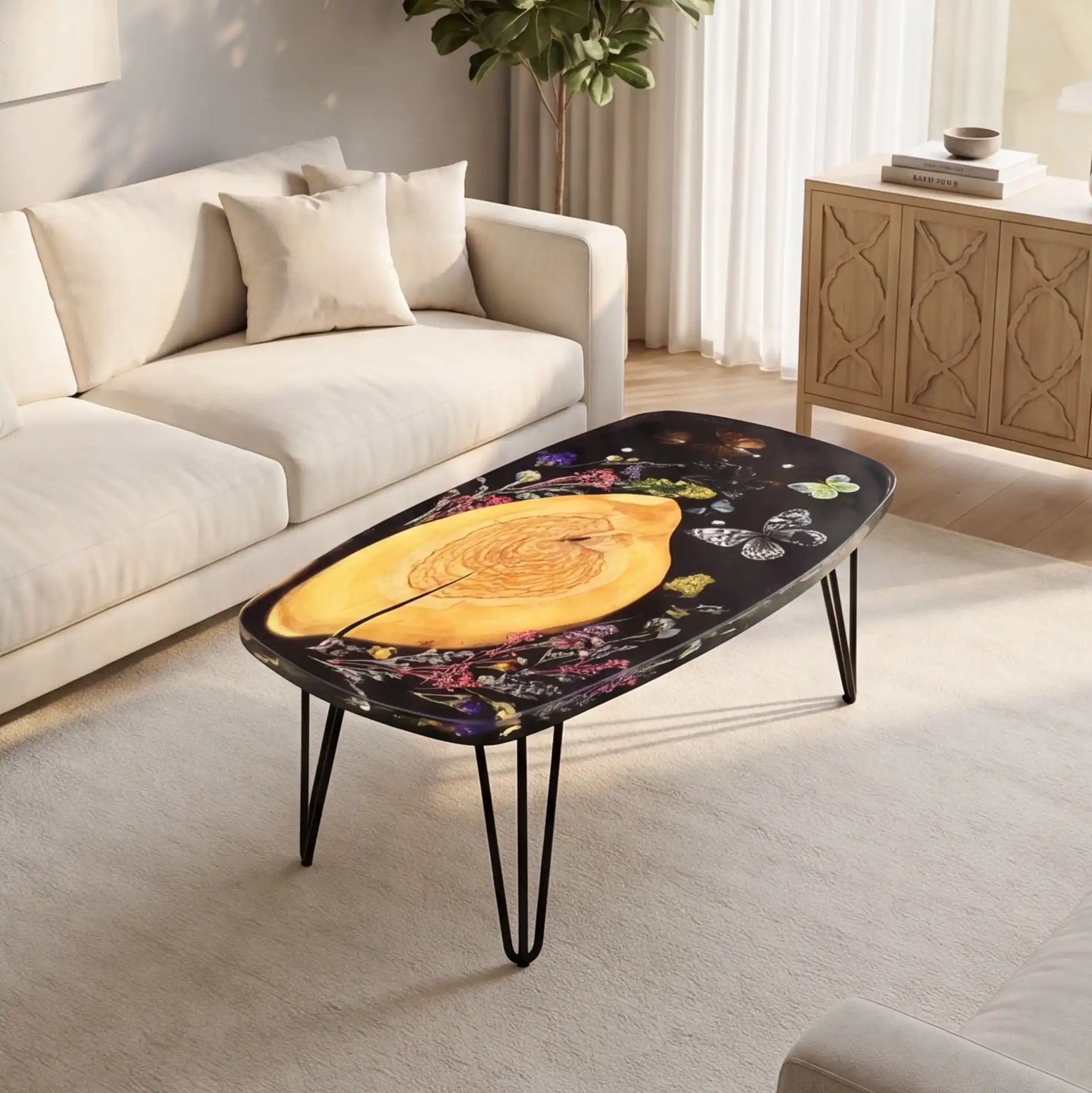 Poplar Wood & Botanical Butterfly Resin Coffee Table PRT8