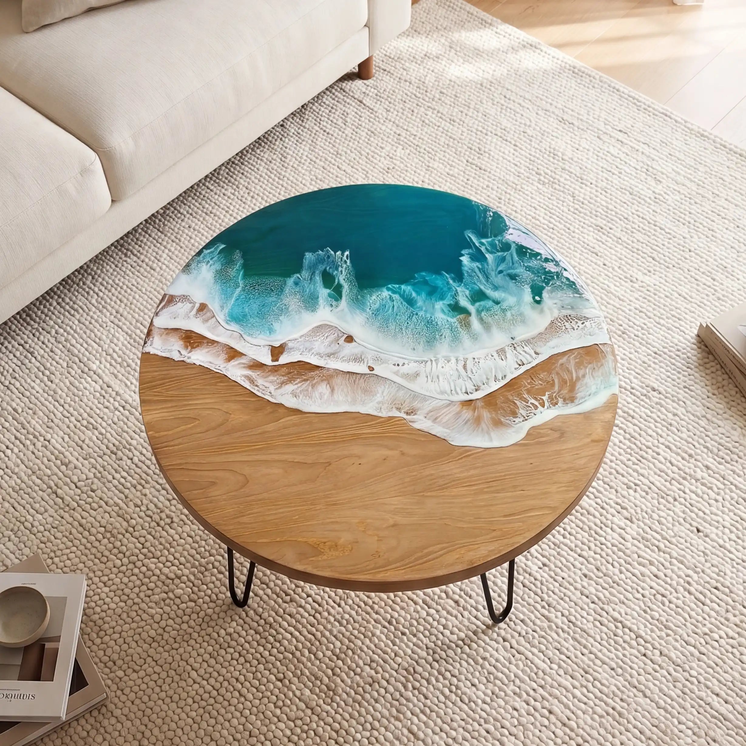 Poplar Wood & Ocean Wave Resin Round Coffee Table PRC9