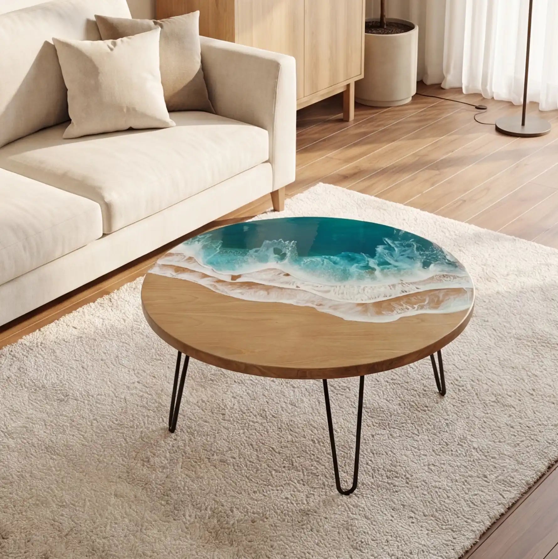 Poplar Wood & Ocean Wave Resin Round Coffee Table PRC9