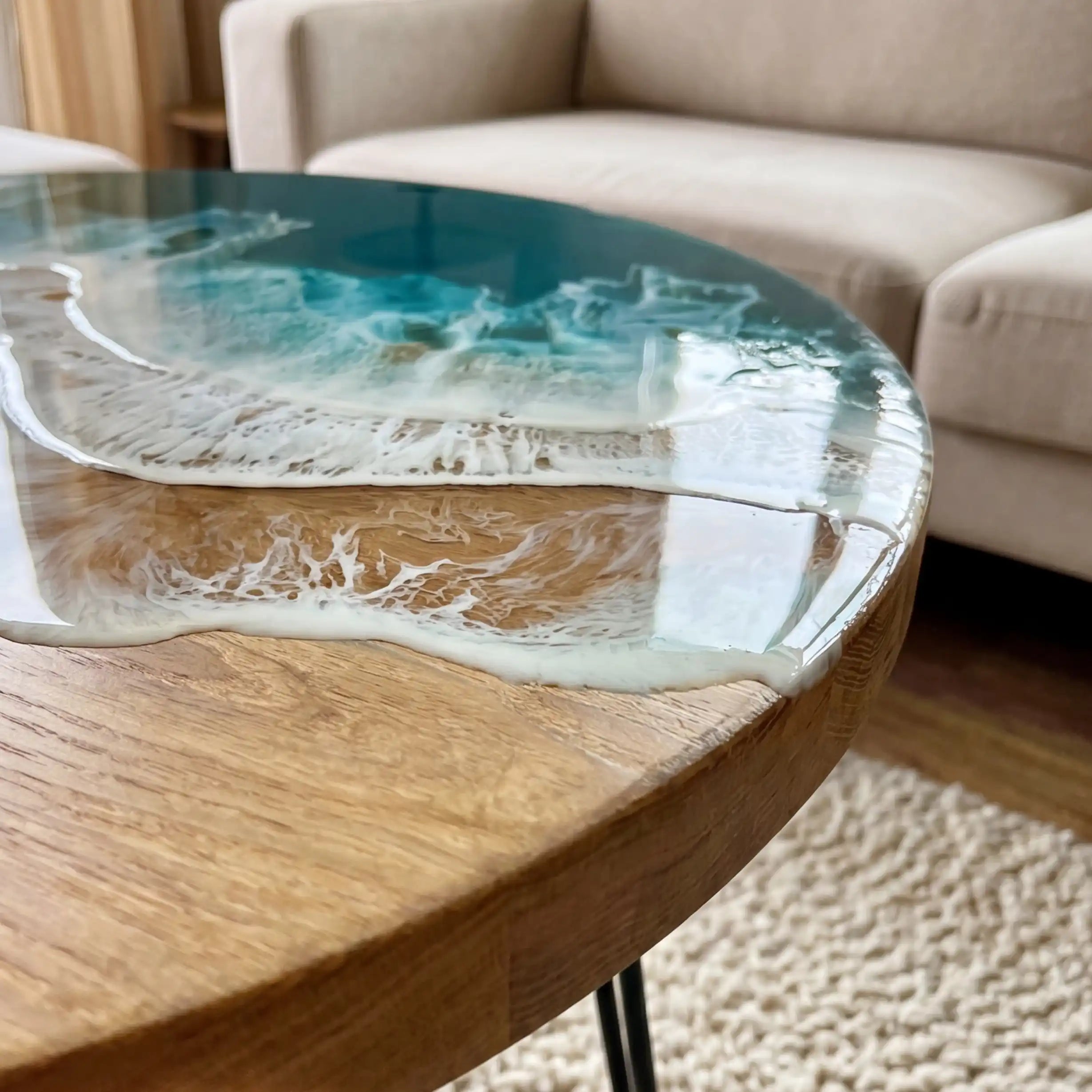 Poplar Wood & Ocean Wave Resin Round Coffee Table PRC9