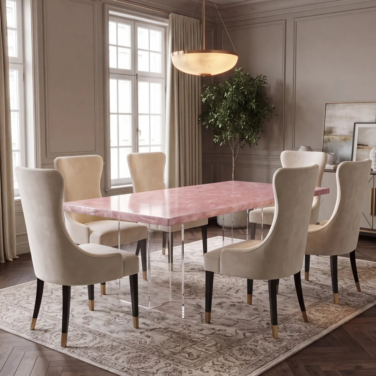 60 x 30 x 1.96 inch Poplar Wood Pearl Pink Swirl resin dining table photo 4