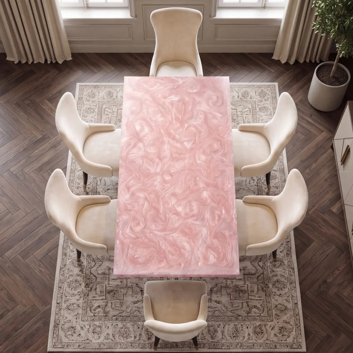 60 x 30 x 1.96 inch Poplar Wood Pearl Pink Swirl resin dining table photo 5