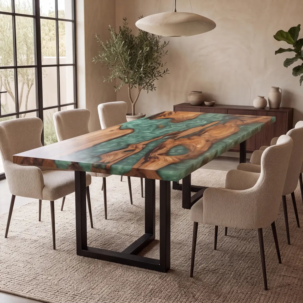72 x 40 x 1.96 inch Olive Wood Emerald Green resin Rectangular dining table photo 4
