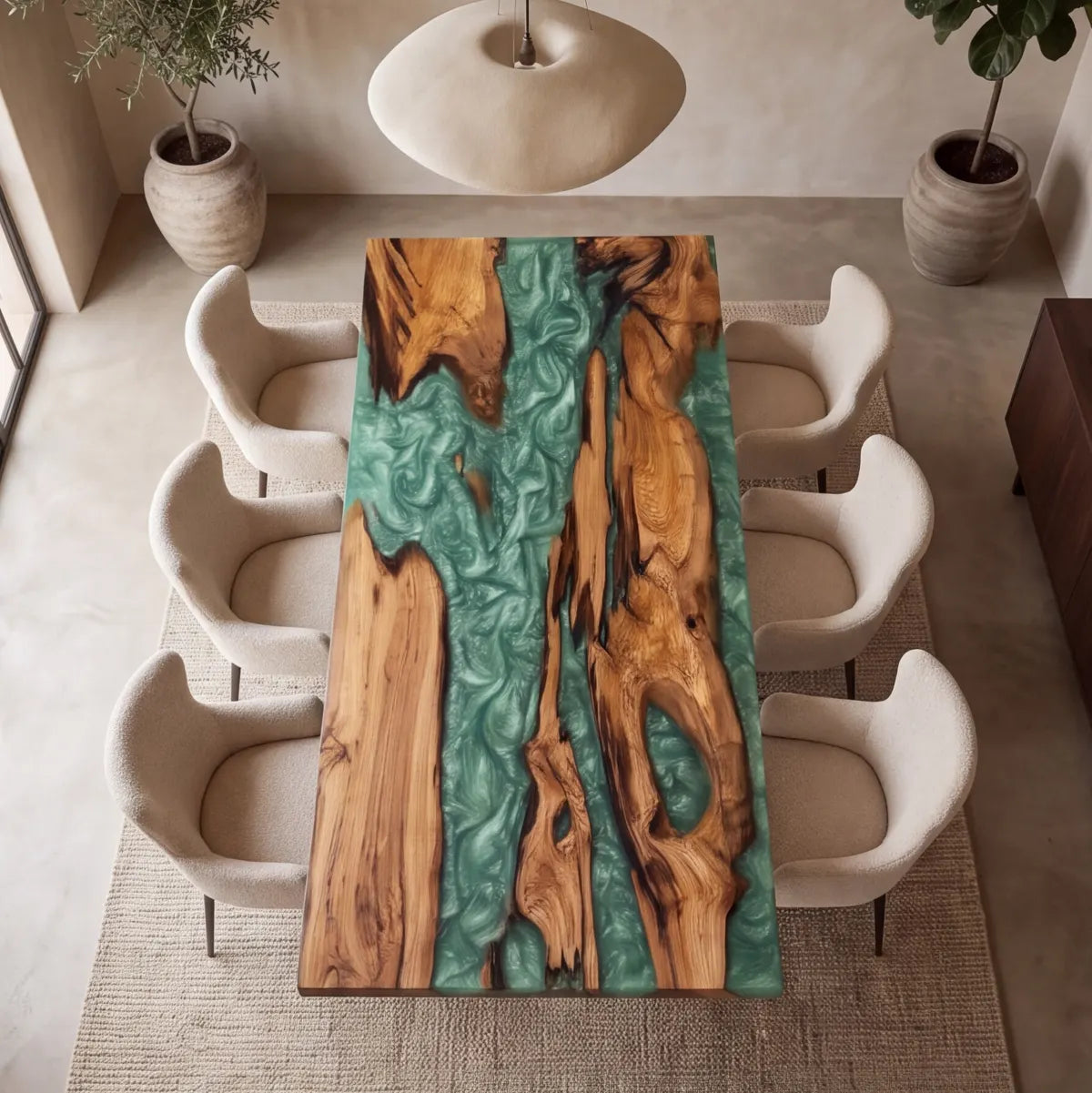 72 x 40 x 1.96 inch Olive Wood Emerald Green resin Rectangular dining table photo 5