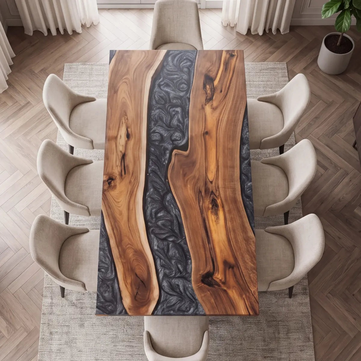 72 x 40 x 1.96 inch Black Walnut Metallic Grey Resin Rectangular Dining Table photo 2