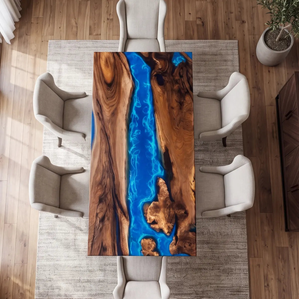 84 x 42 x 2.36 inch Black Walnut Blue Seawave resin dining table photo 4