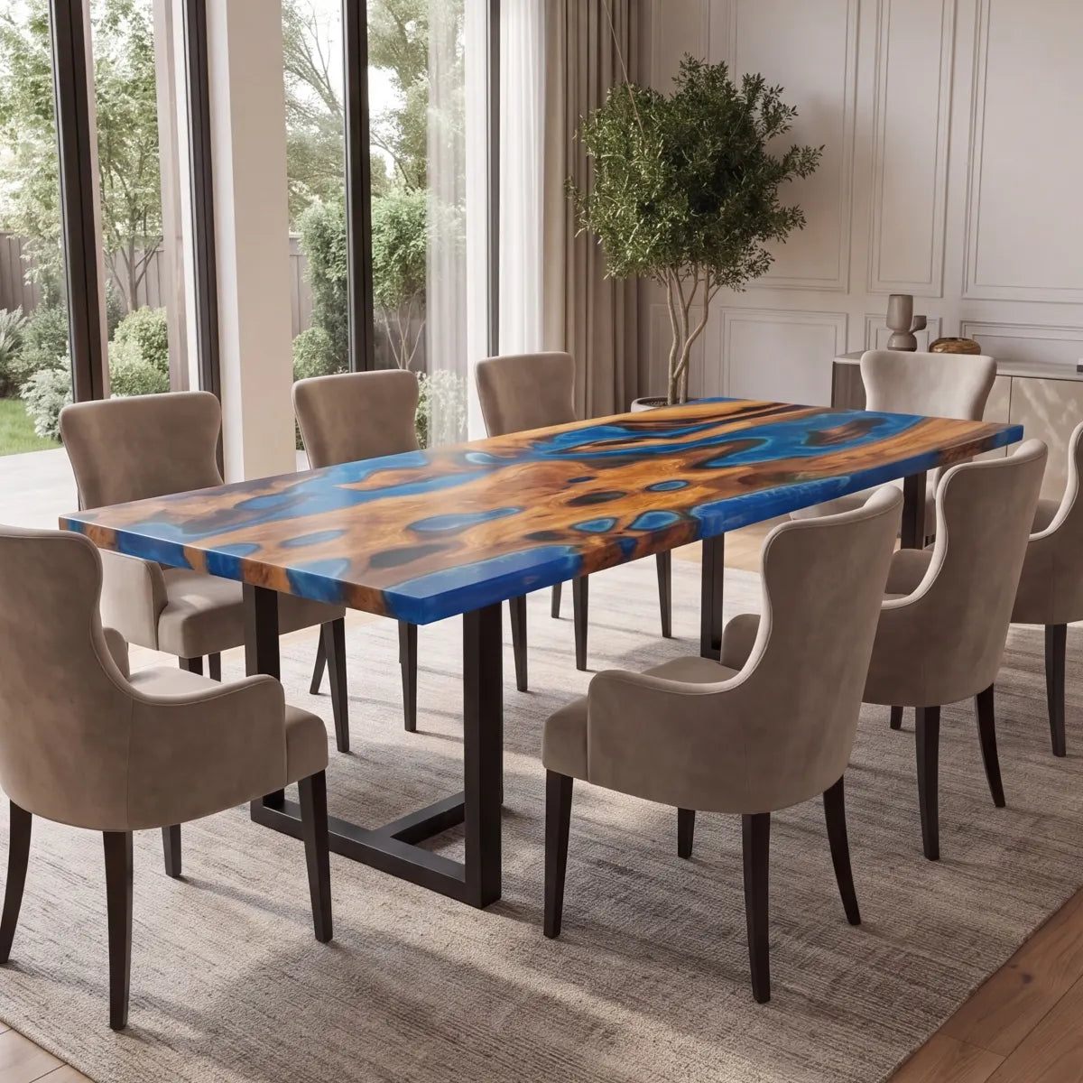 96 x 42 x 1.96 inch Olive Wood Blue Seawave Resin Rectangular Dining Table photo 3