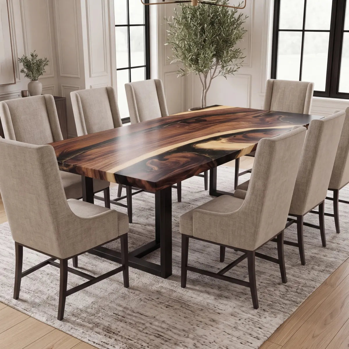96 x 42 x 1.96 inch Walnut Black Resin River resin Rectangular dining table photo 4