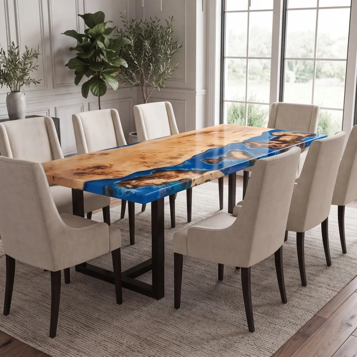 96 x 42 x 1.96 inch Poplar Wood Blue Seawave resin Rectangular dining table photo 4