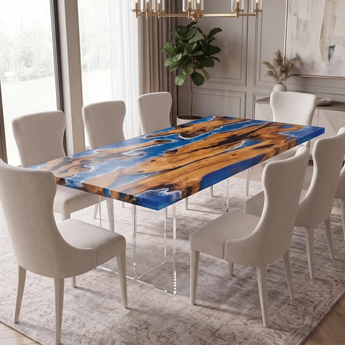 72 x 40 x 1.96 inch Olive Wood Blue & White Seawave resin Rectangular dining table photo 4