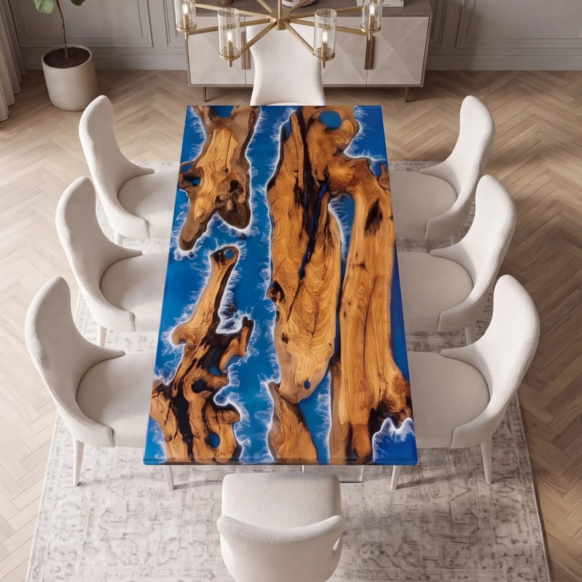 72 x 40 x 1.96 inch Olive Wood Blue & White Seawave resin Rectangular dining table photo 5