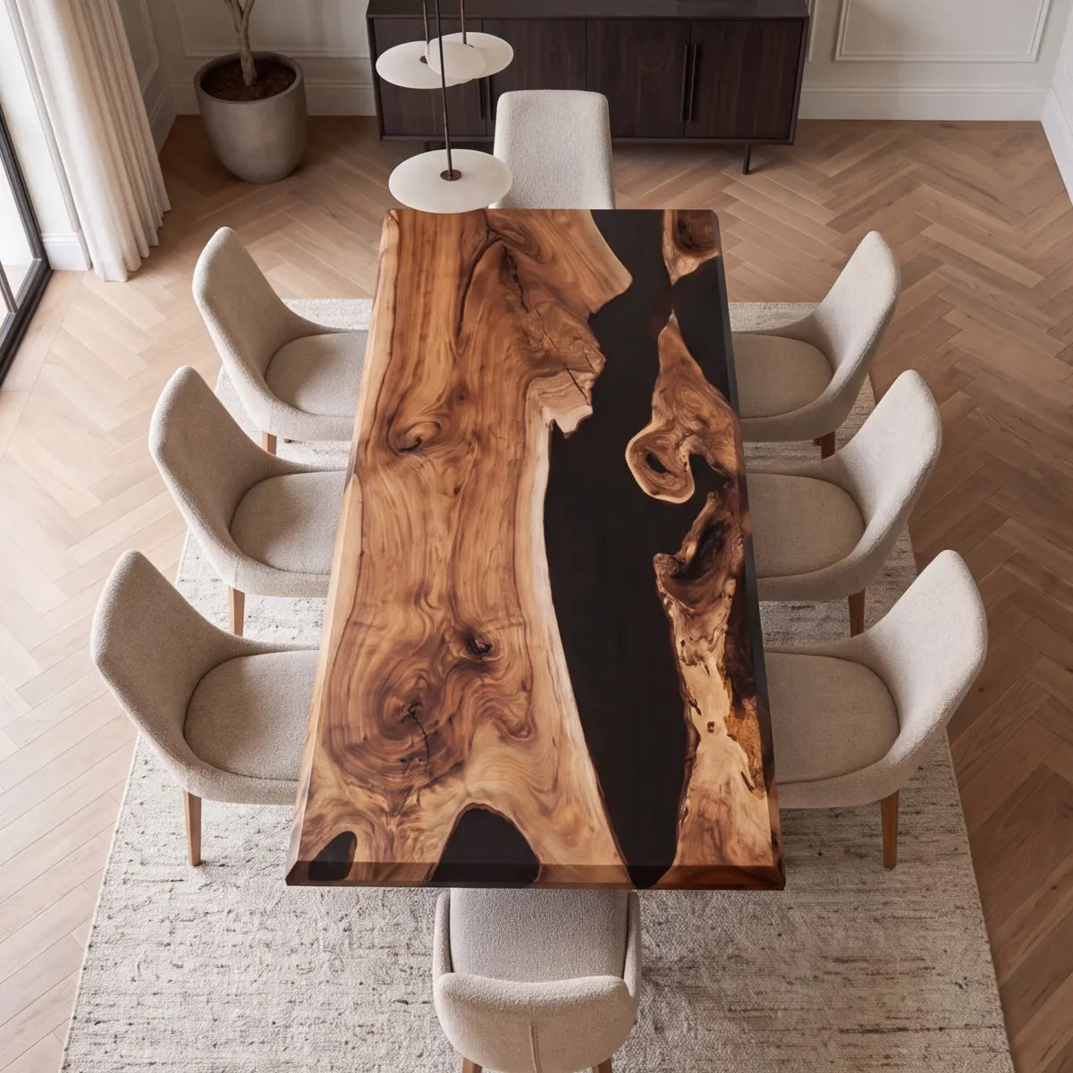 84 x 42 x 1.96 inch Black Walnut Black Resin River Rectangular Dining Table photo 6