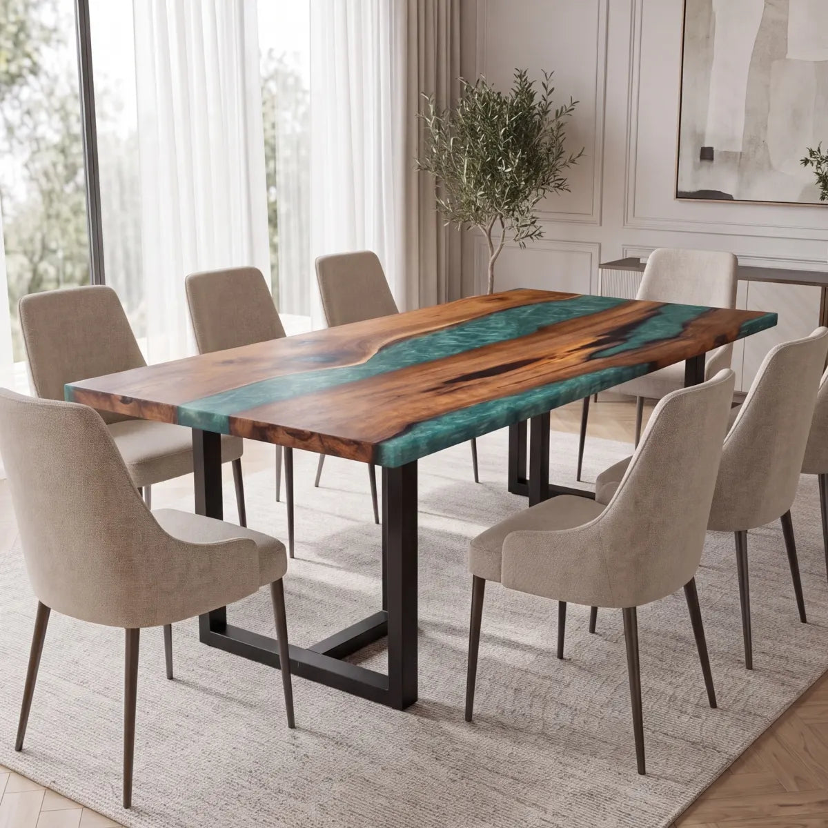 84 x 42 x 1.96 inch Black Walnut Teal Green Resin Rectangular Dining Table photo 6