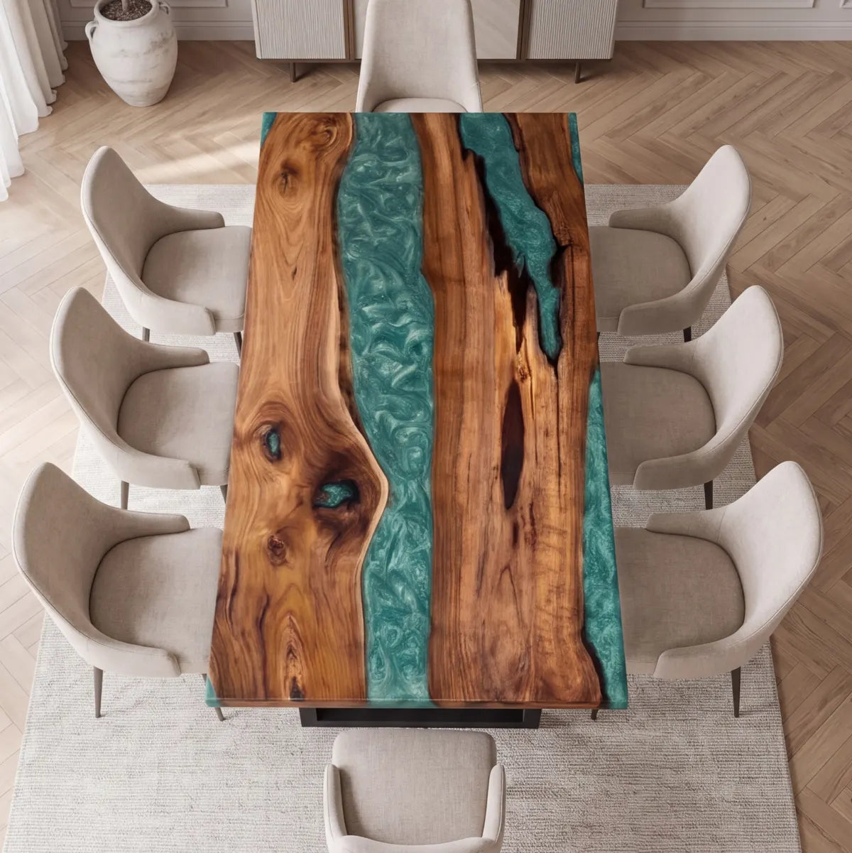 84 x 42 x 1.96 inch Black Walnut Teal Green Resin Rectangular Dining Table photo 4