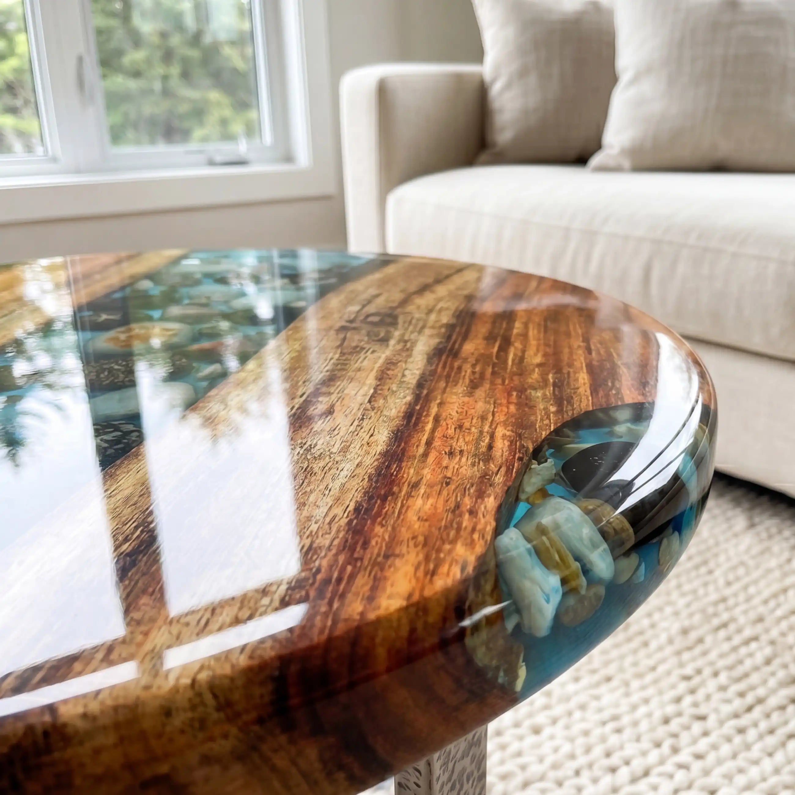 Walnut & Aqua Blue Pebble Resin Round Coffee Table WRT37