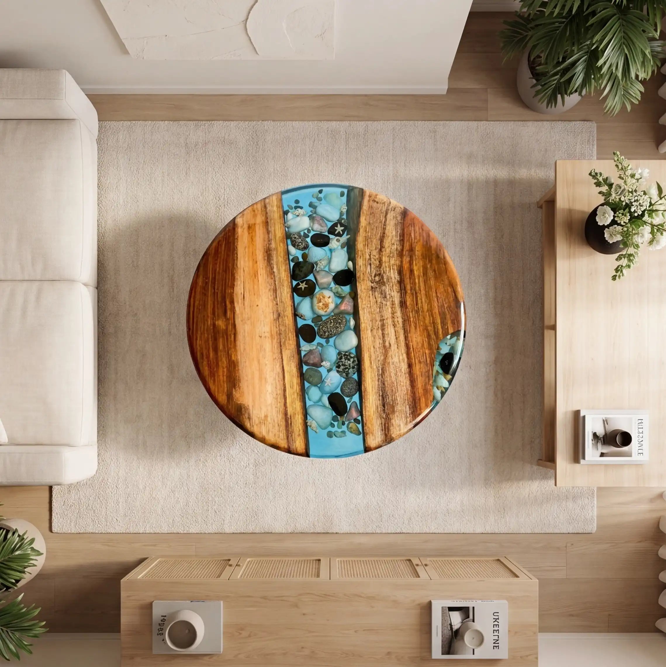 Walnut & Aqua Blue Pebble Resin Round Coffee Table WRT37