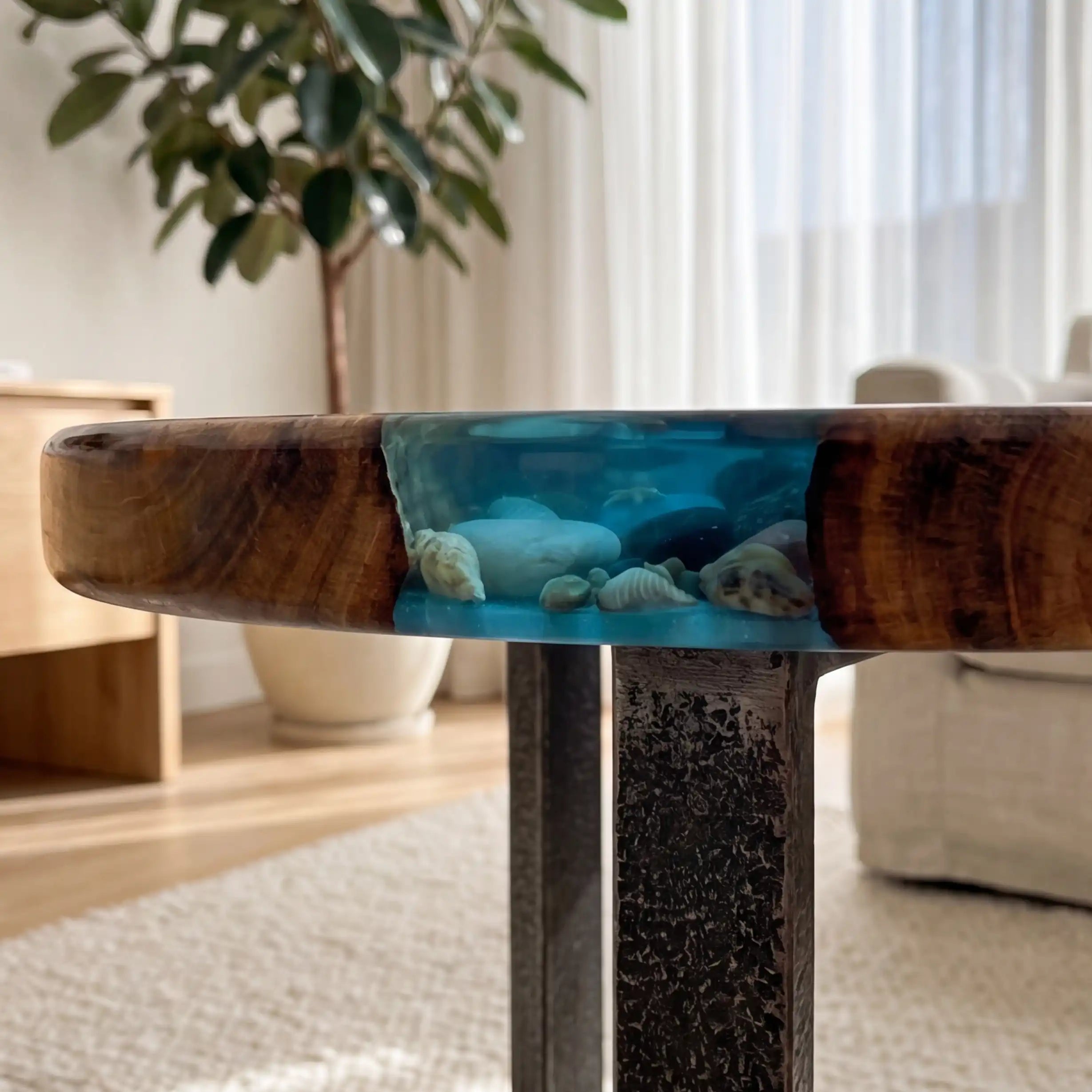 Walnut & Aqua Blue Pebble Resin Round Coffee Table WRT37