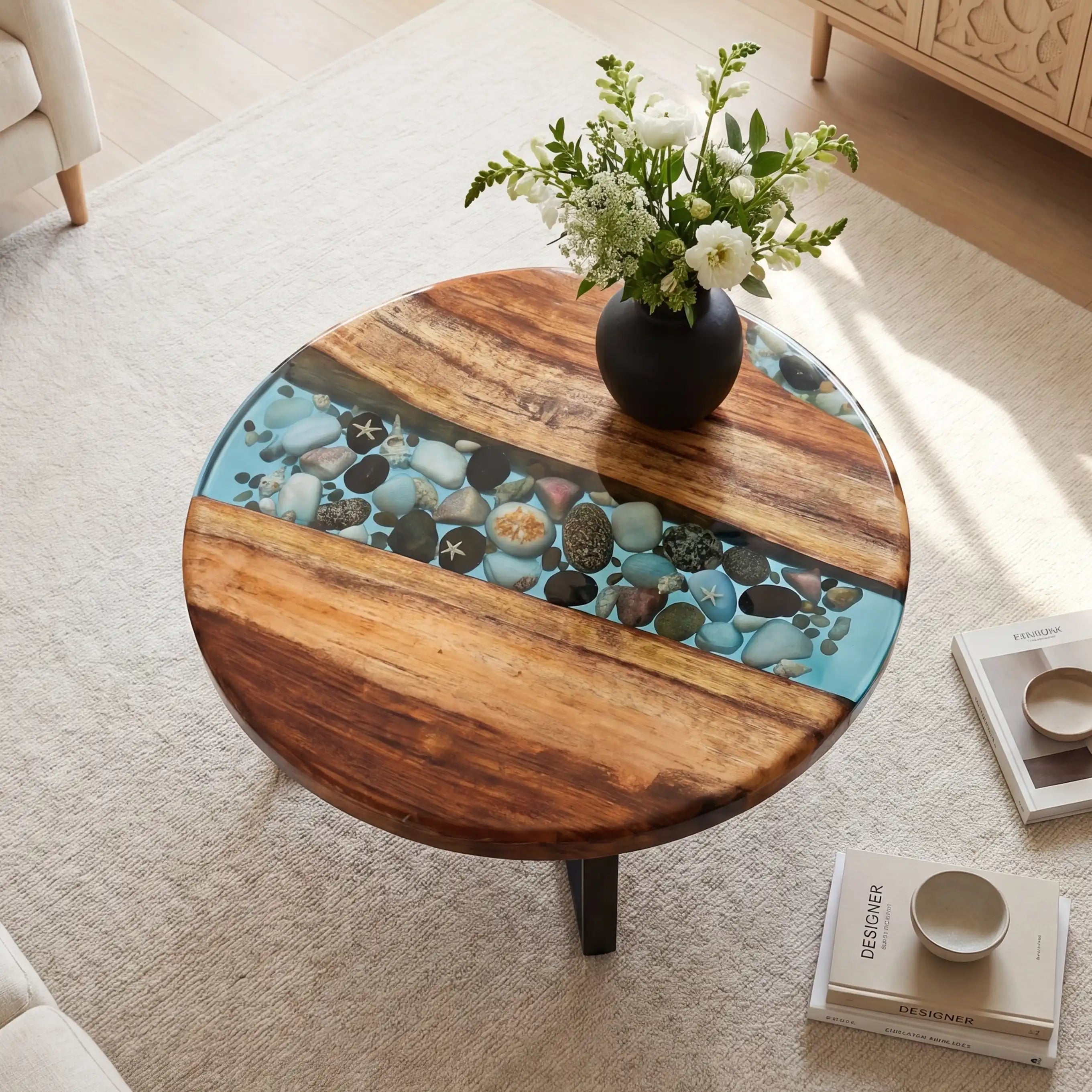 Walnut & Aqua Blue Pebble Resin Round Coffee Table WRT37