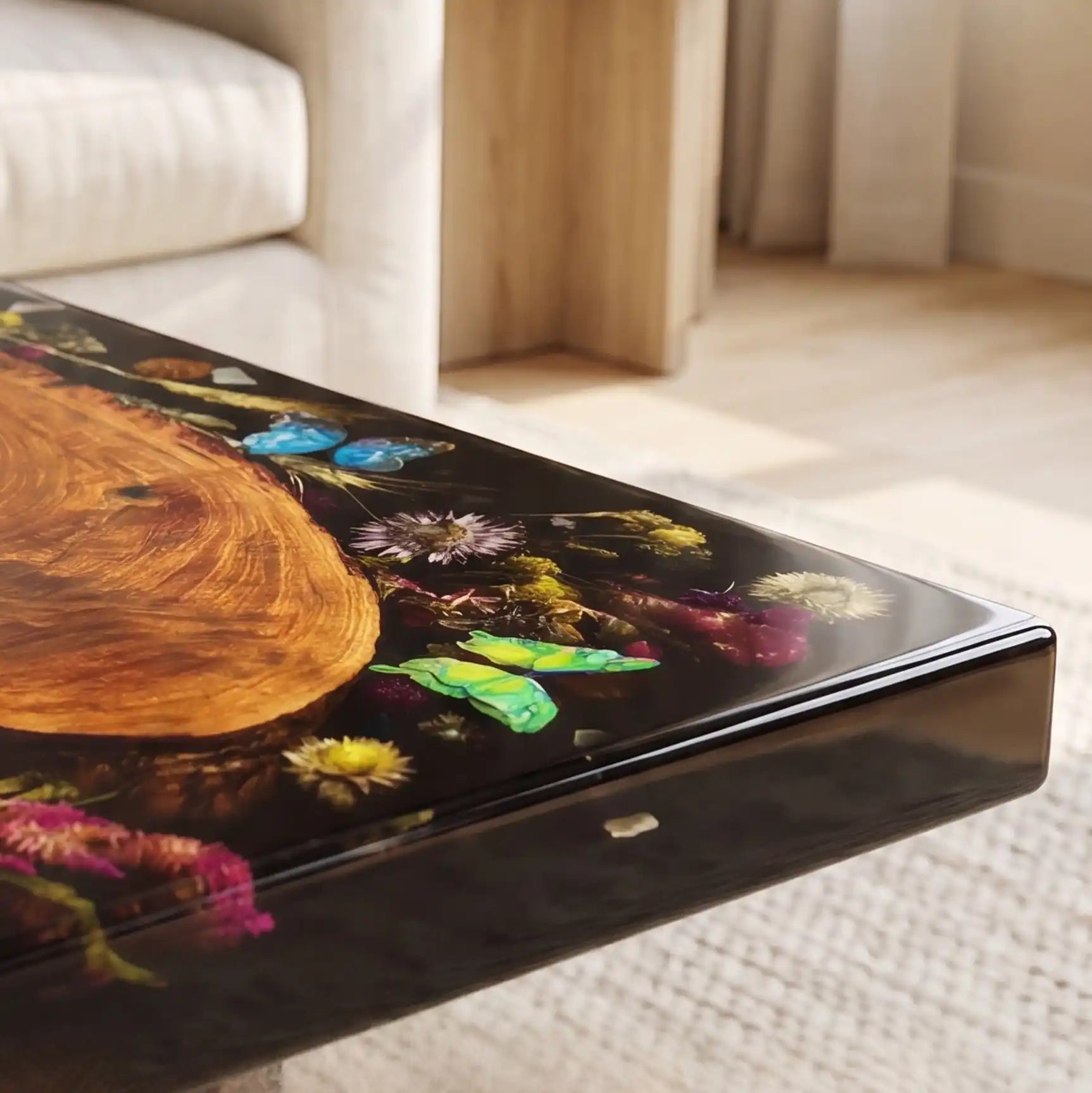 Walnut & Black Floral Resin Coffee Table WRT38