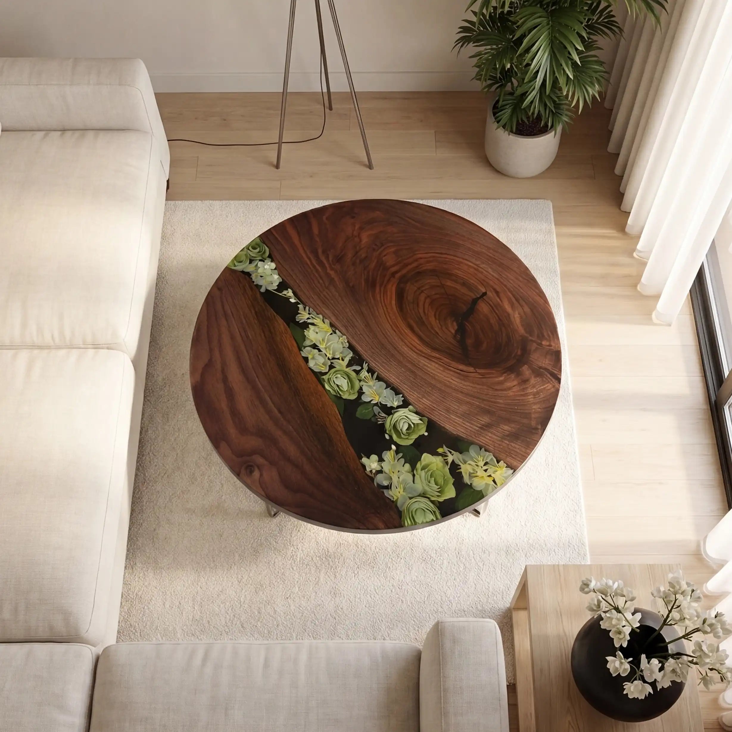 Walnut & Botanical Floral Resin Round Coffee Table WRT10