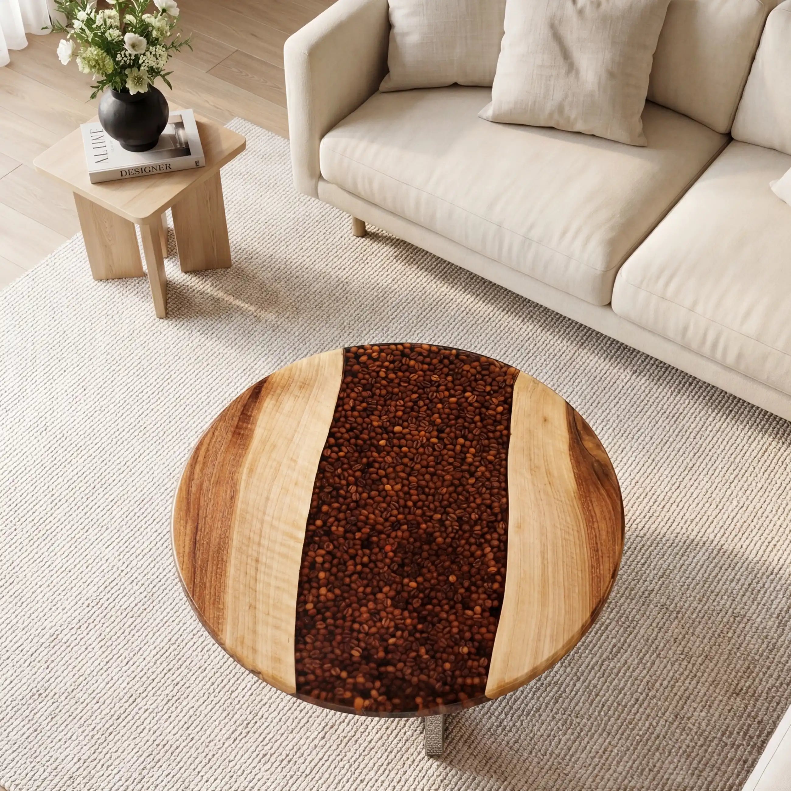 Walnut & Coffee Bean Resin Round Coffee Table WRT35