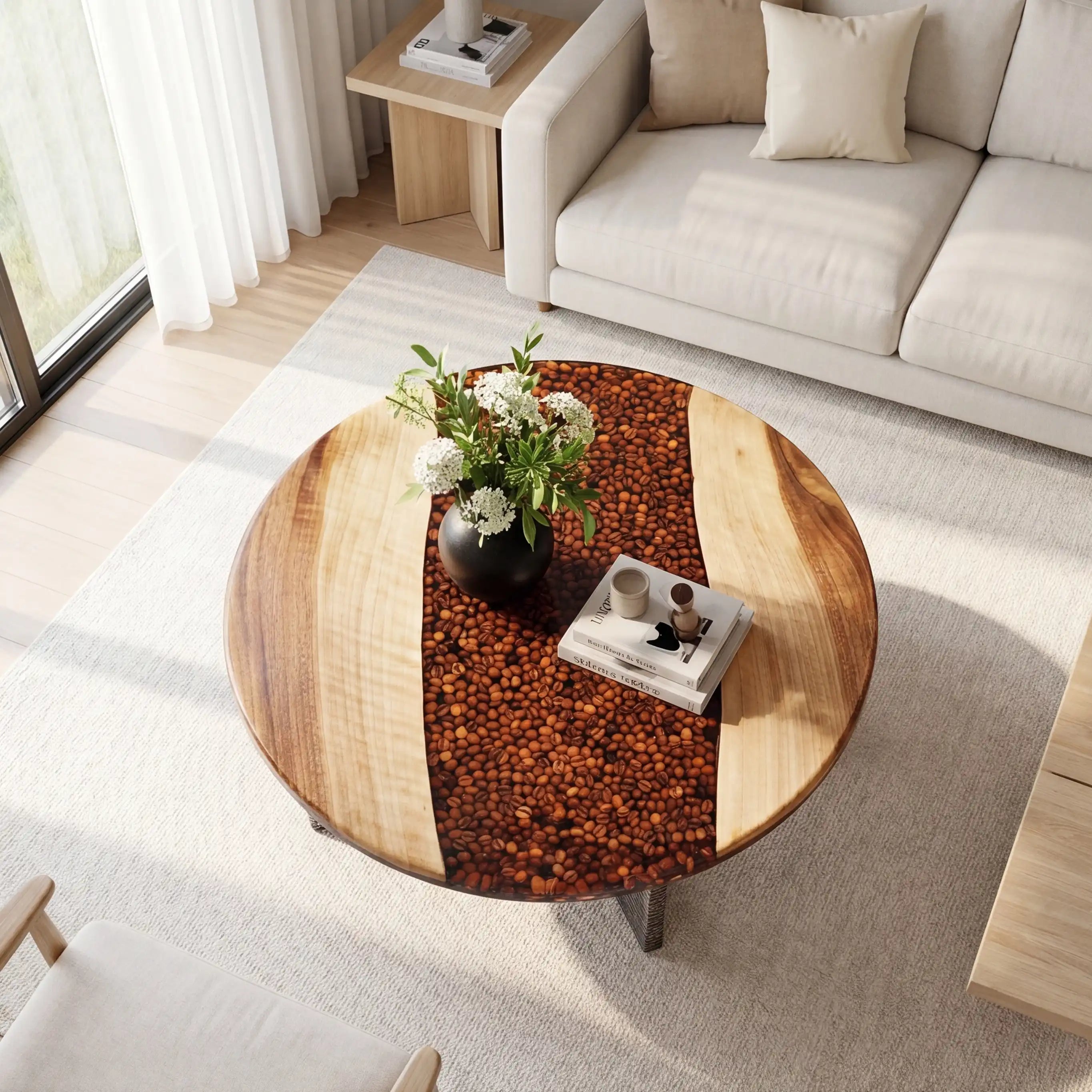 Walnut & Coffee Bean Resin Round Coffee Table WRT35