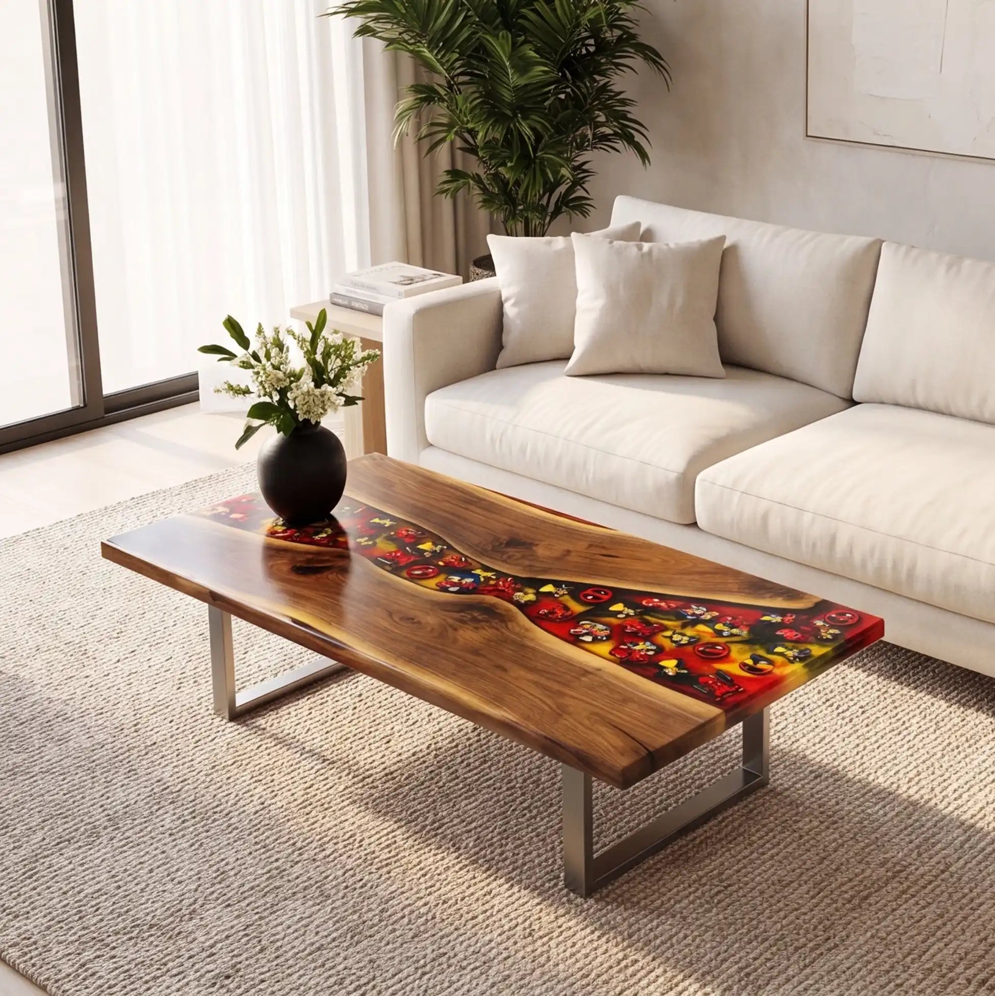 Walnut & Crimson Red Bottle Cap Resin Coffee Table WRT50
