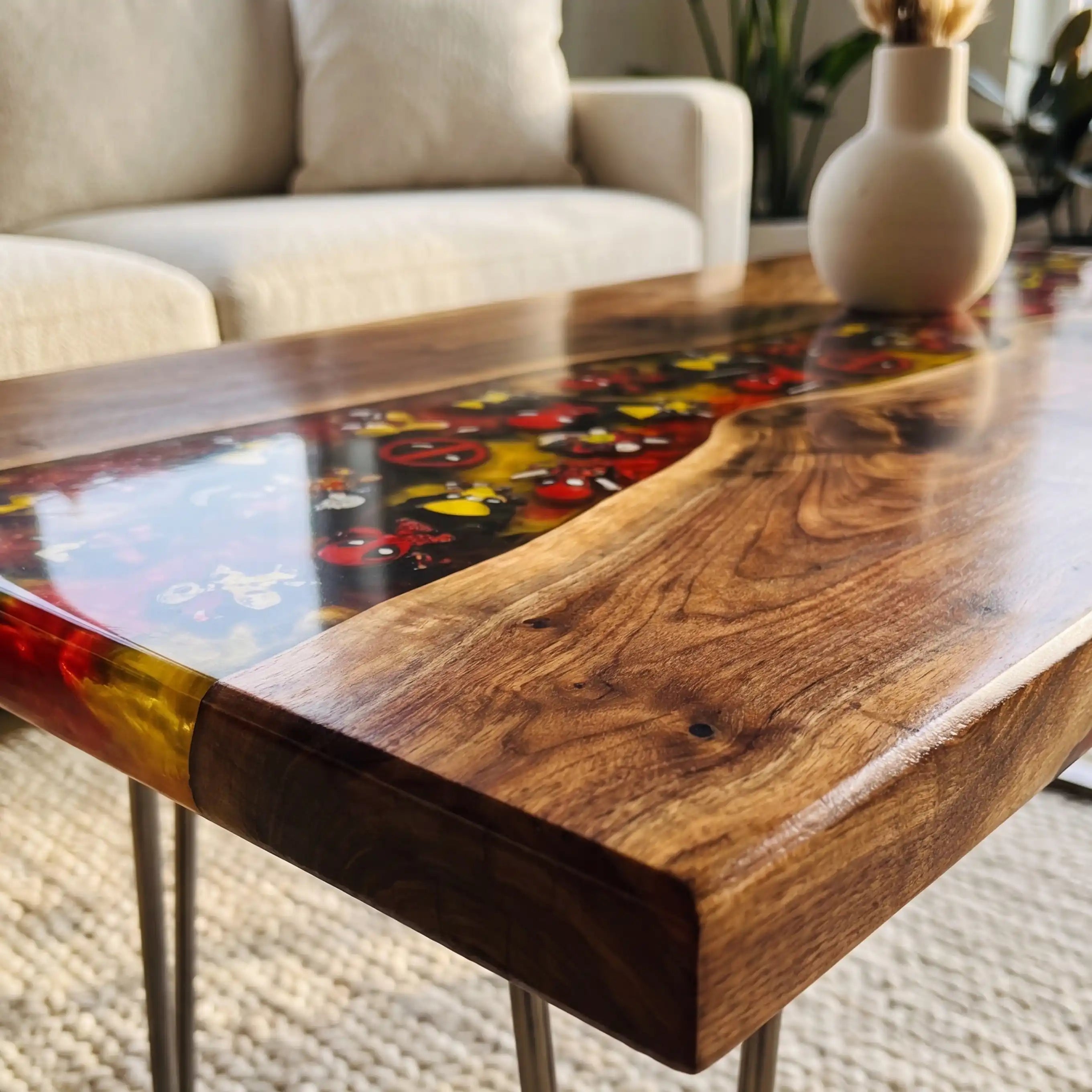Walnut & Crimson Red Bottle Cap Resin Coffee Table WRT50