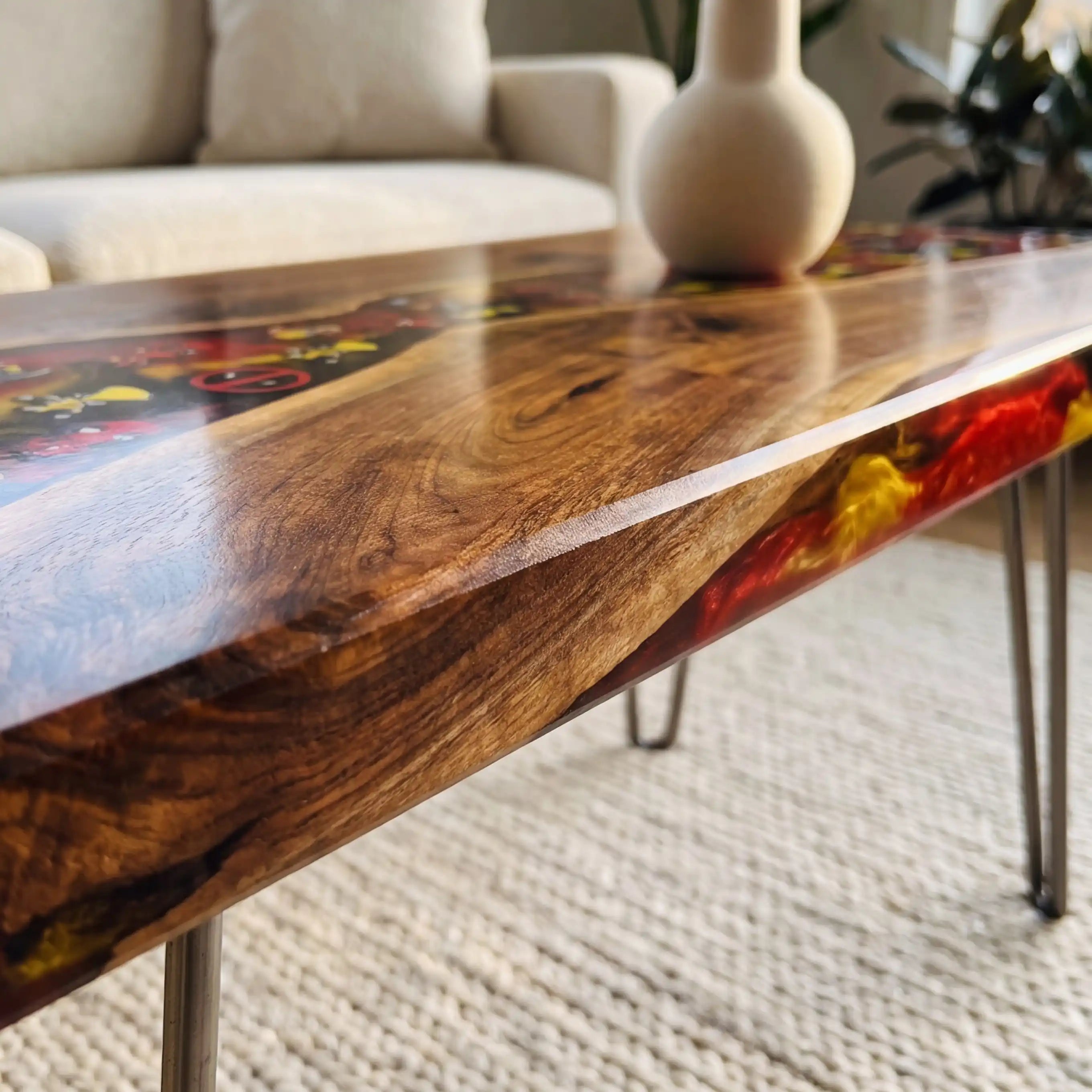 Walnut & Crimson Red Bottle Cap Resin Coffee Table WRT50