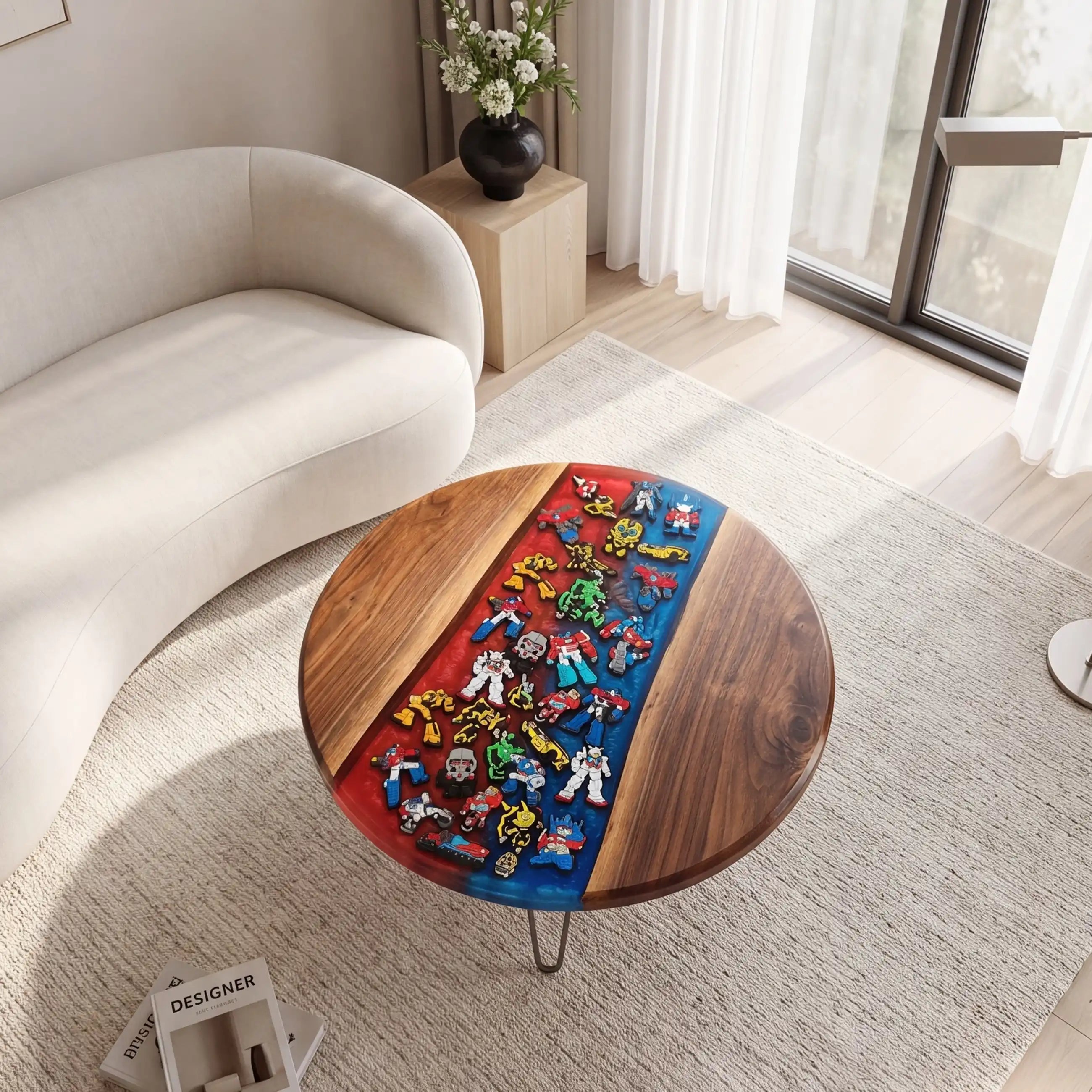 Walnut & Red-Blue Retro Figure Resin Round Coffee Table WB51