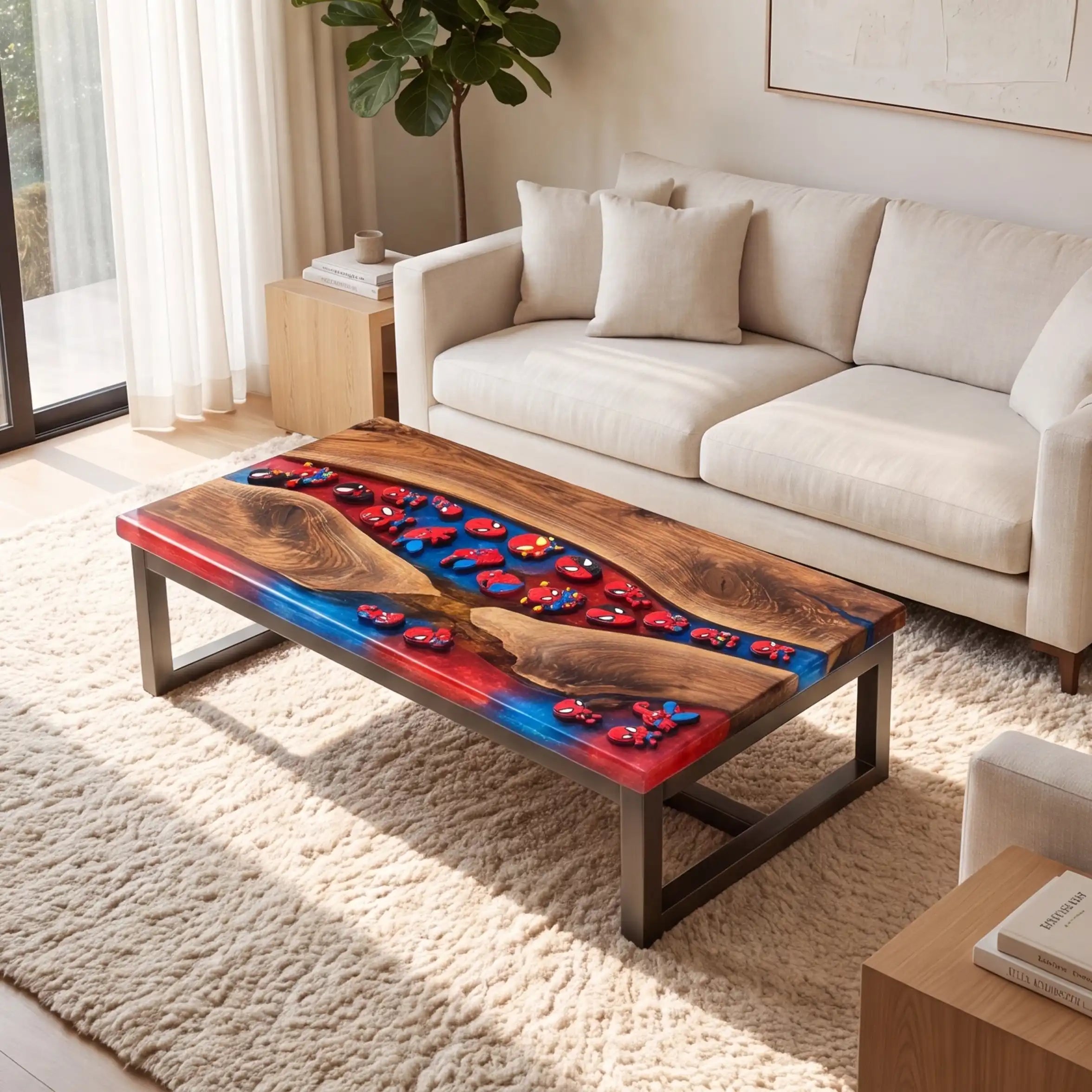 Walnut & Red-Blue Retro Figure Resin Round Coffee Table WBT55